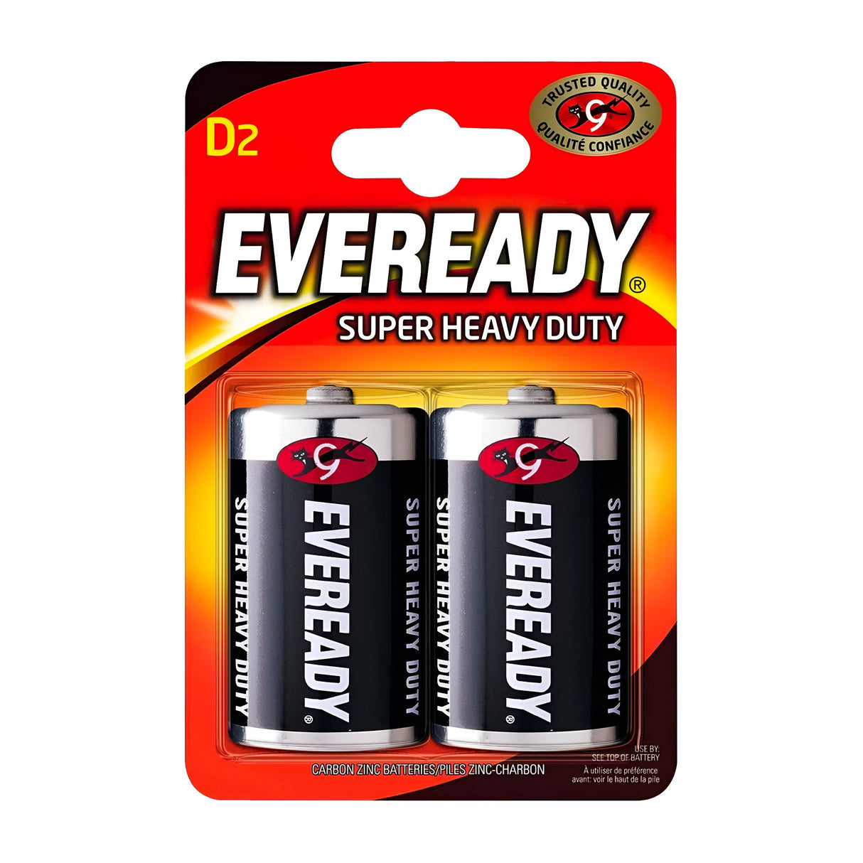 Pack of two Eveready D Size 20 Super Zinc Heavy Duty Batteries in a red and black blister pack, perfect for low-drain electronics.