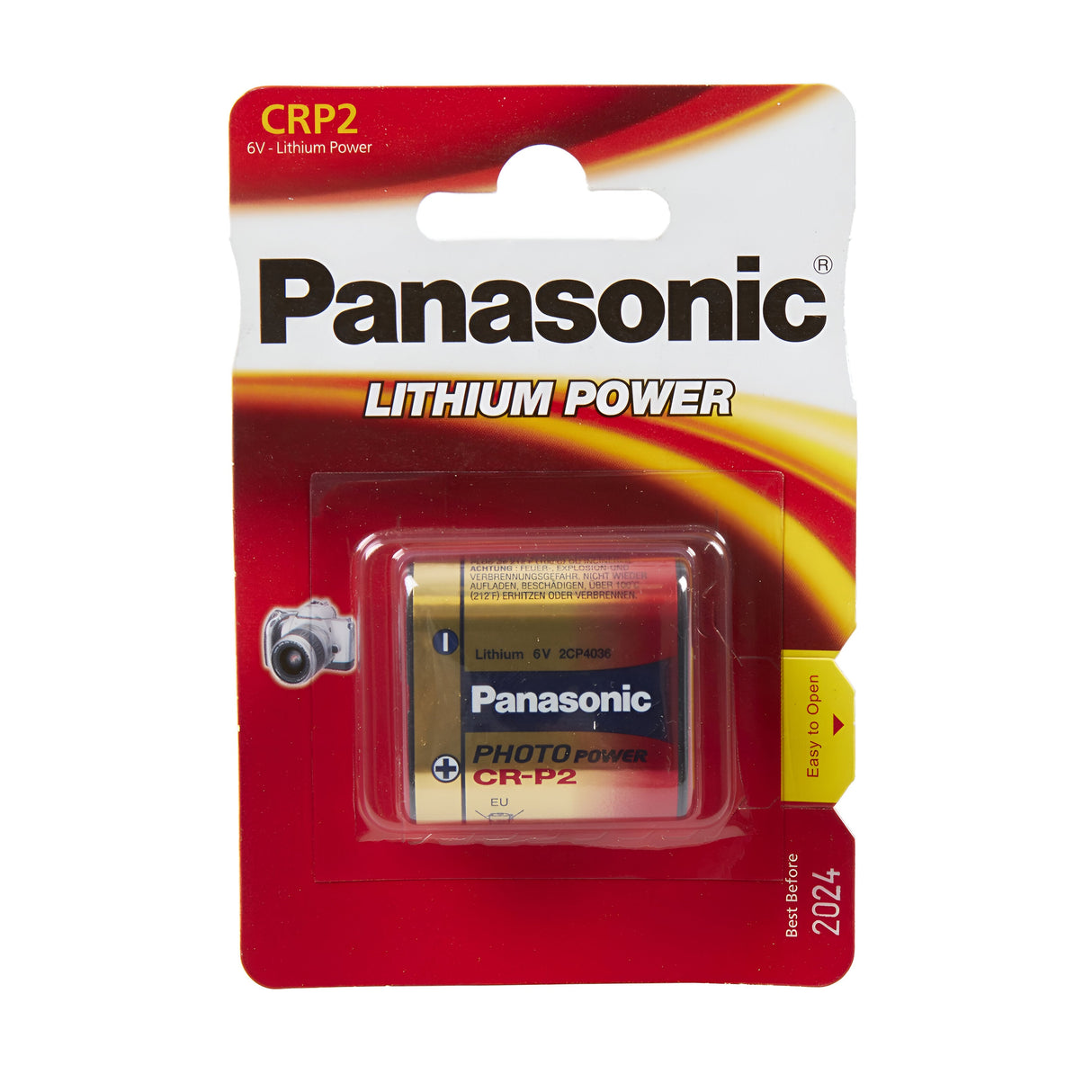 The Panasonic CRP2P Lithium Coin Cell Battery (1 Pack) comes in red and white packaging featuring a small camera icon. It is ideal for high-performance devices, with text emphasizing its lithium power and an expiration date of 2024.