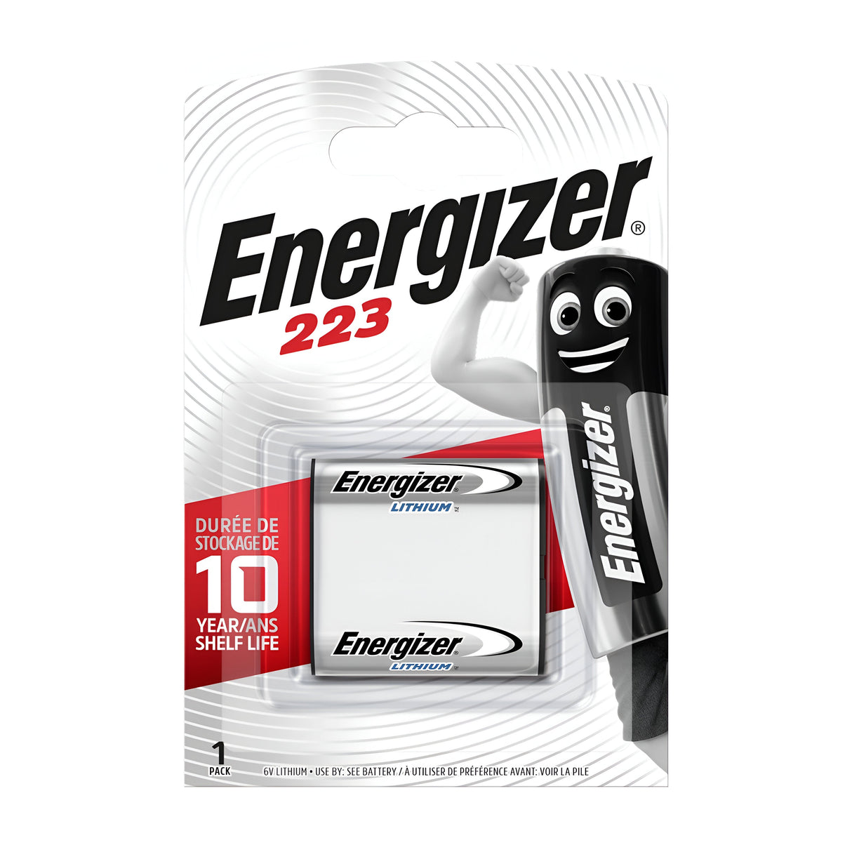 Packaging of Energizer 362/361 lithium battery, ideal for advanced electronics with a 10-year shelf life. A cartoon battery character flexes an arm on the right side, next to the clear section displaying one battery.