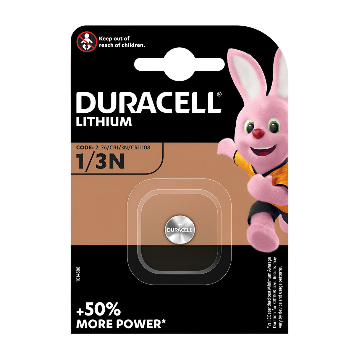The package of the Duracell DL1/3N (CR1/3N) Lithium Button Cell Battery includes one battery and displays the Duracell bunny mascot on the right. It boasts over 50% more power and high energy density for reliable performance, with a caution to keep it out of reach of children.