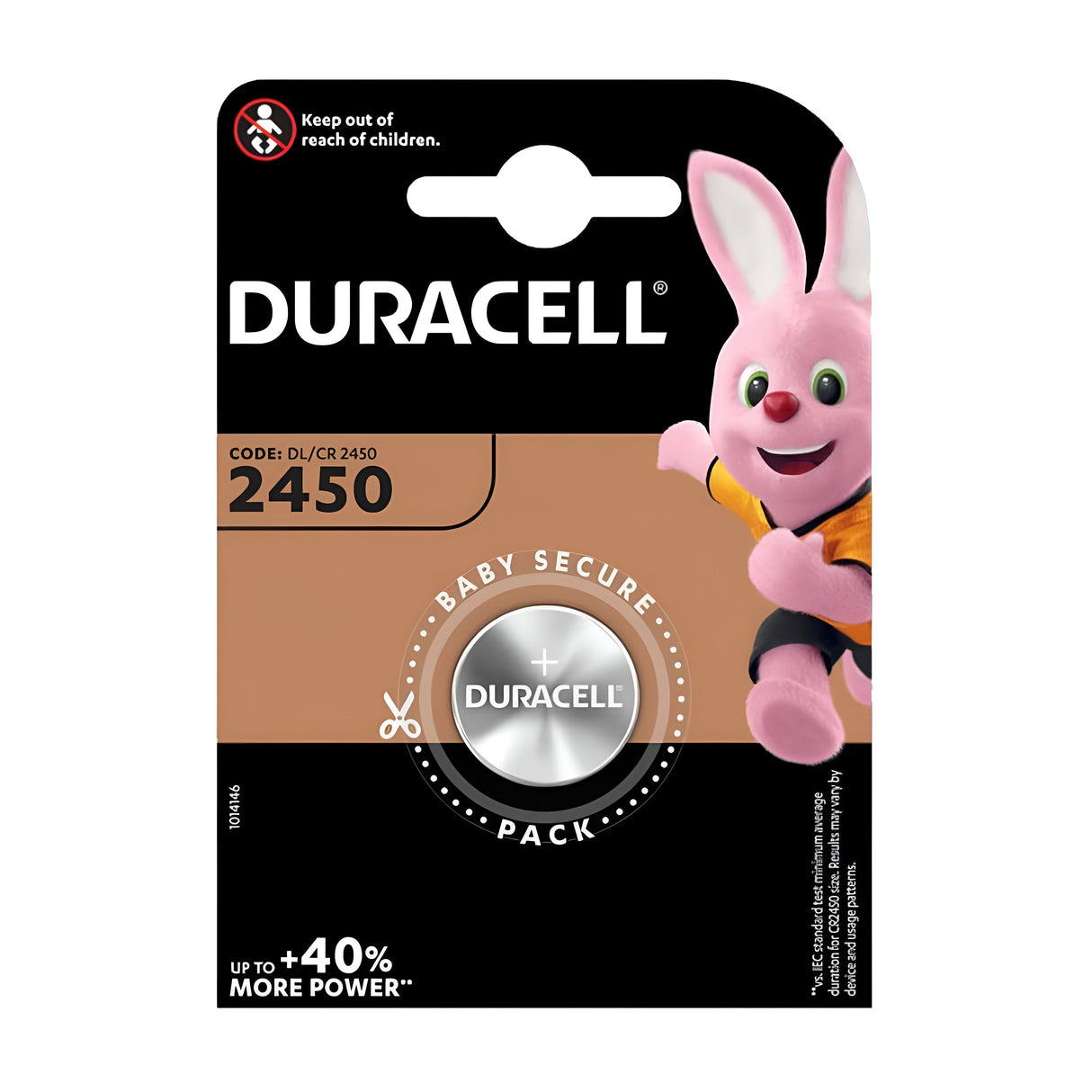 The Duracell CR2450 Lithium Coin Cell Battery (1 Pack) features 3V lithium coin batteries with iconic branding, including the pink bunny mascot. The Baby Secure Pack includes a warning to keep out of children's reach and utilizes Duralock Power Preserve technology, delivering up to 40% more power.