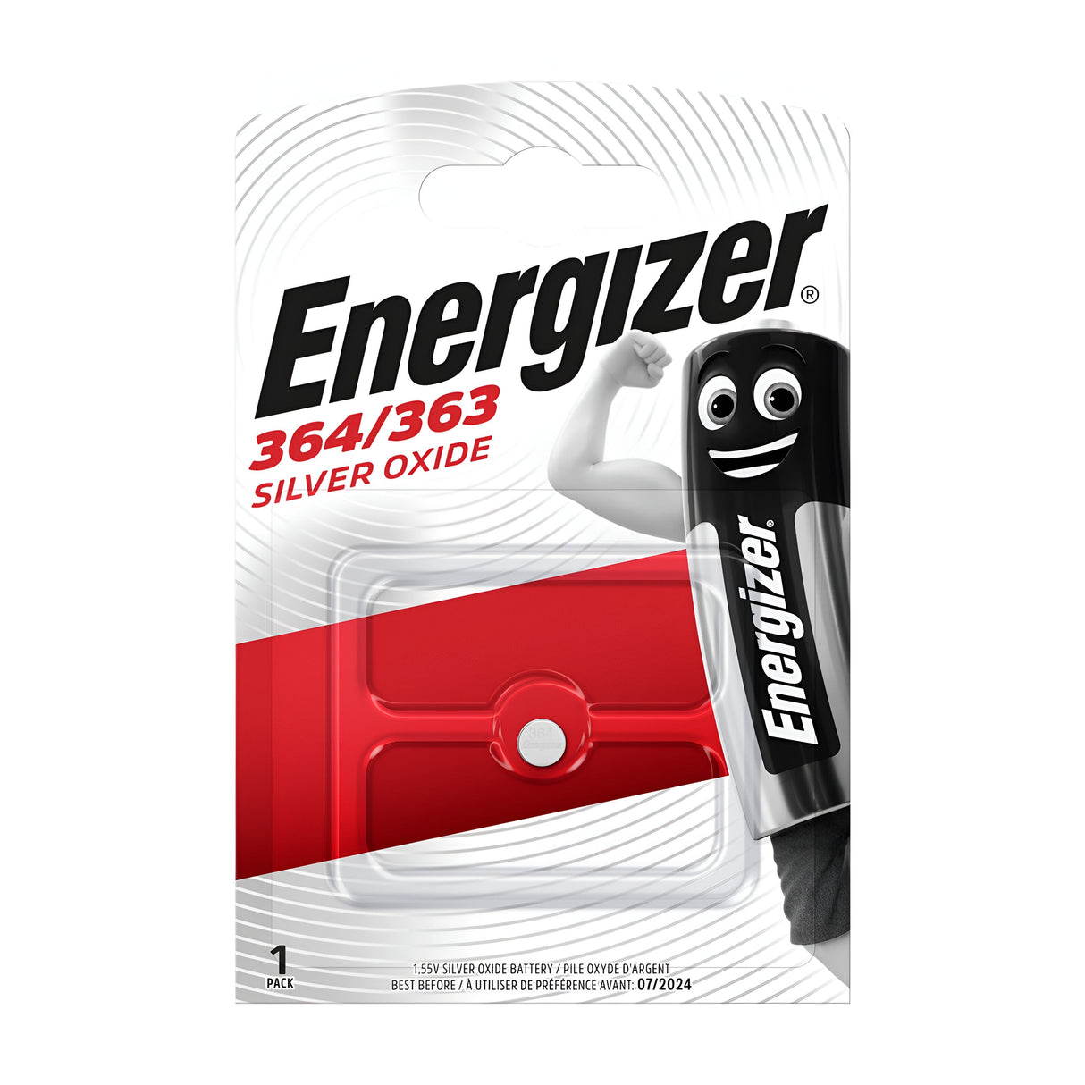 The packaging of the Energizer 364/363 Silver Oxide Button Cell Batteries, available in a 10 pack, showcases a single Silver Oxide coin battery. The design prominently features the iconic Energizer mascot along with branding and product details.