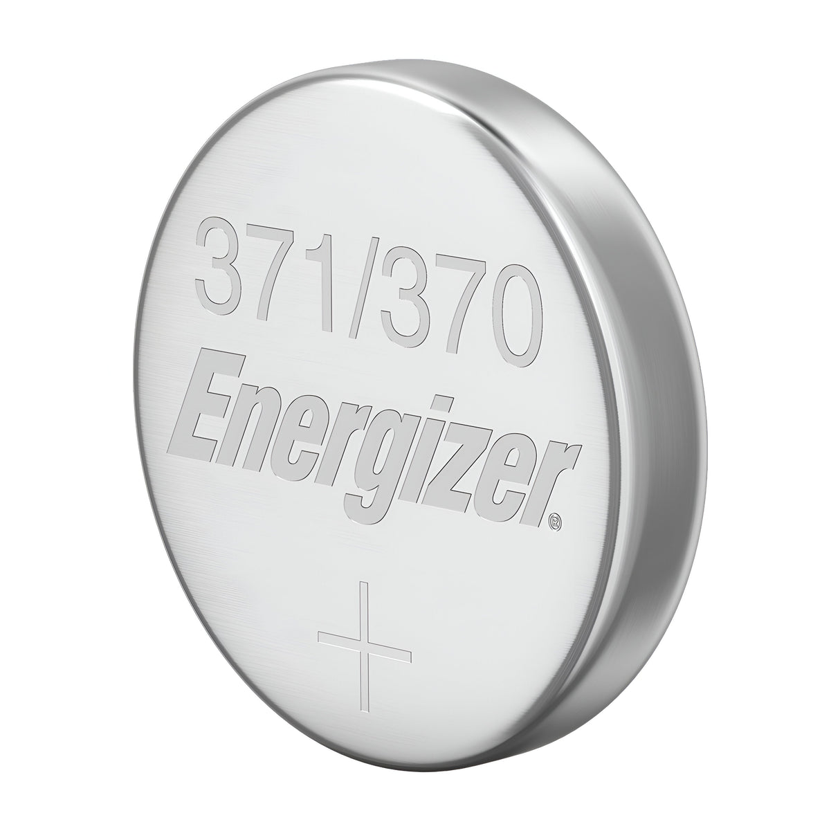 Close-up of a round, silver Energizer 370/371 battery with precision power, its Silver Oxide Button Cell Battery design featuring 370/371 etched on its surface alongside a plus sign indicating positive polarity.