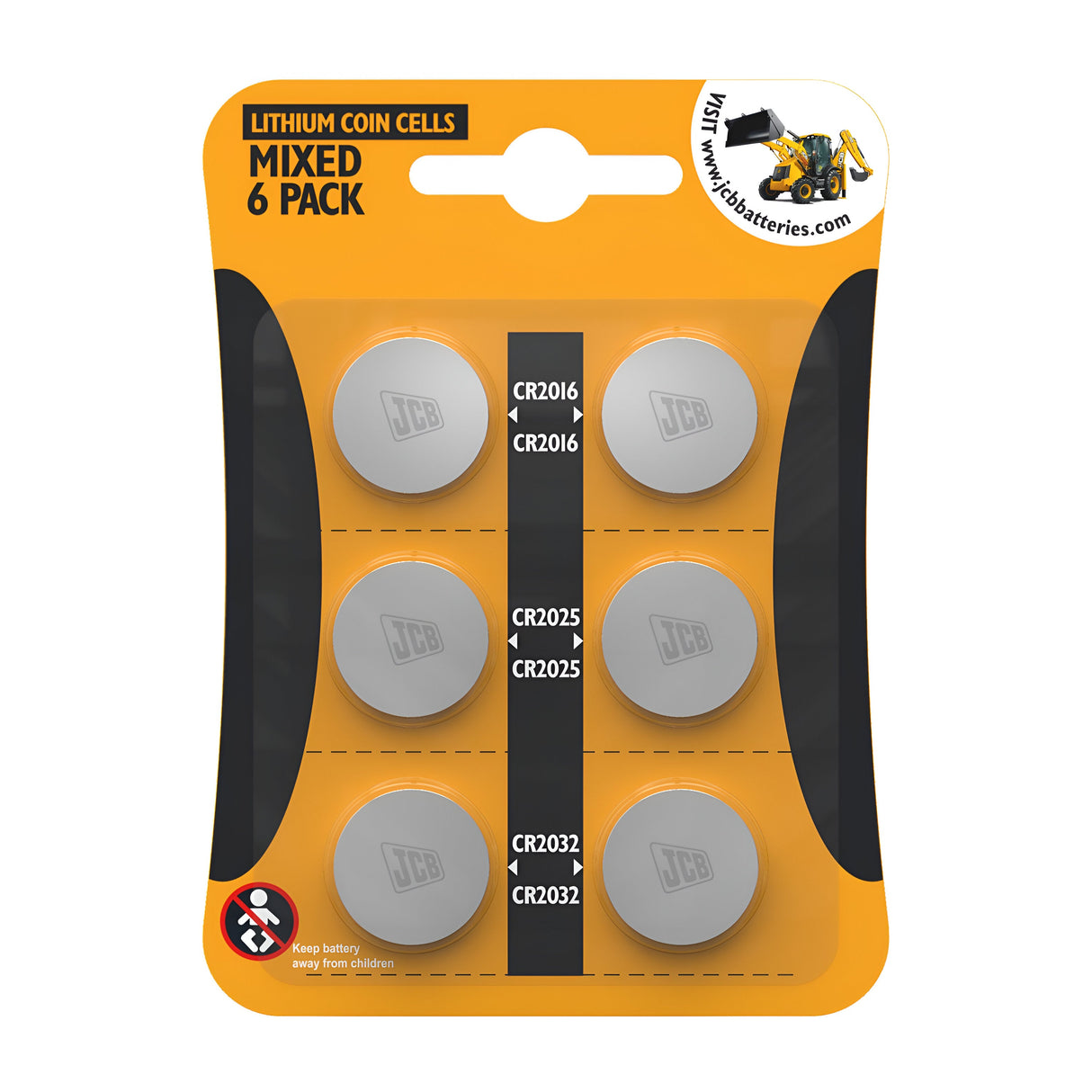 The JCB Mix Lithium Coin Cell Batteries (6 Pack) provide versatile power for electronic devices with three types included: CR2016, CR2025, and CR2032. The packaging, colored in orange and black, features the JCB logo along with a child safety warning icon.