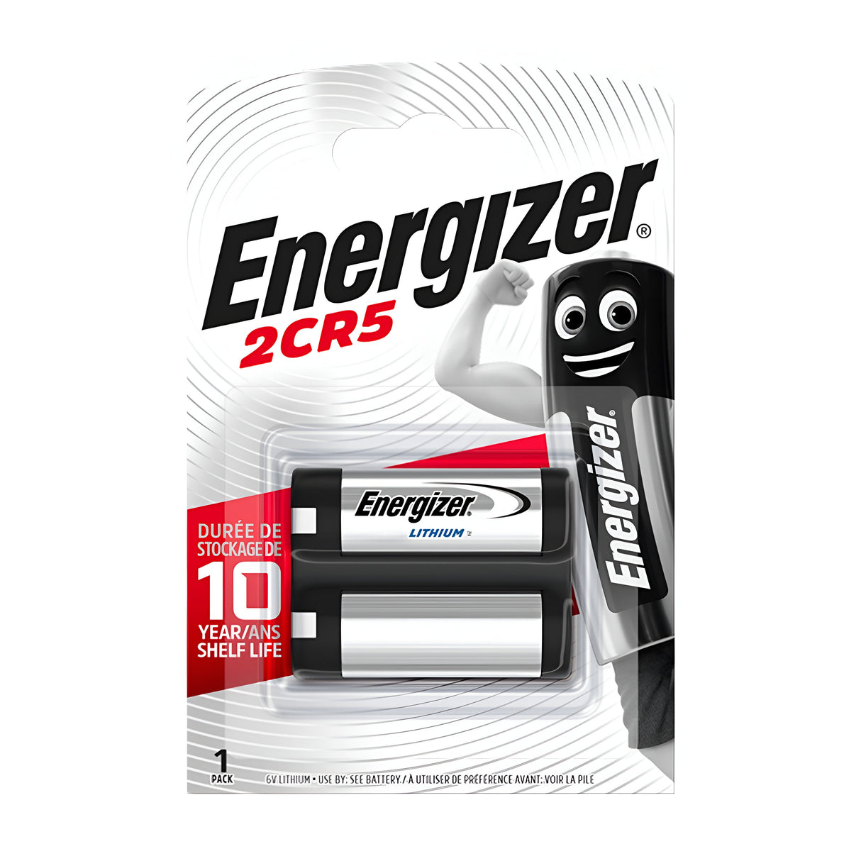 The packaging of the Energizer 2CR5 CRP2P Lithium Battery (1 Pack) features a cartoon battery character flexing an arm, highlighting its high-performance credentials and advanced lithium technology, with an impressive 10-year shelf life.