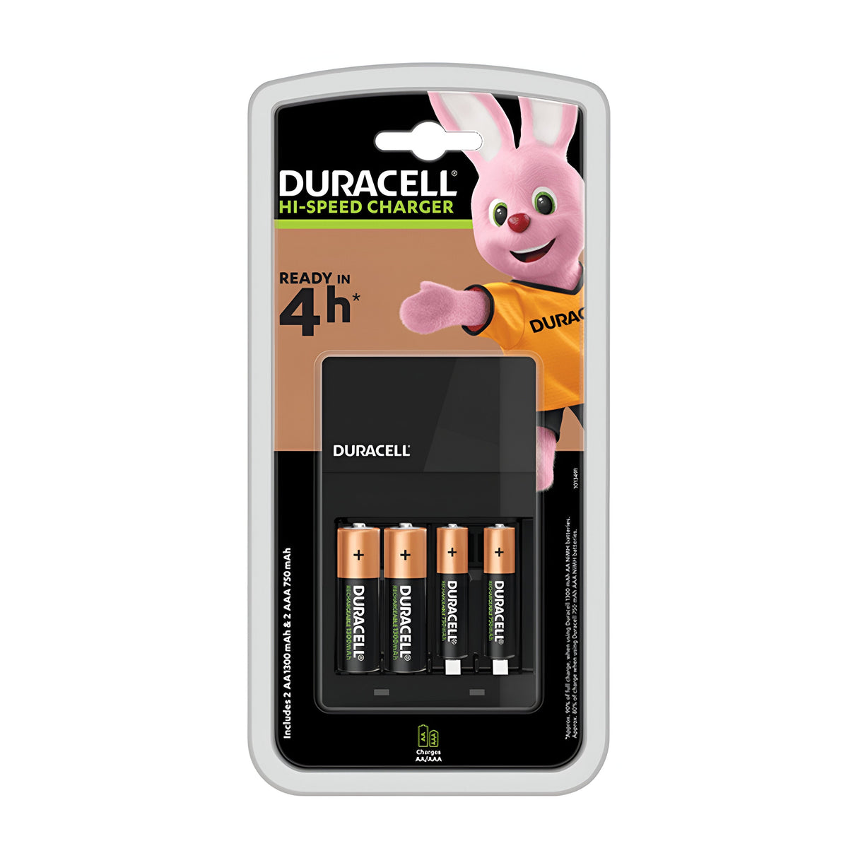 The package of the Duracell Battery Charger with 2xAA Batteries includes two rechargeable AA batteries. The label highlights an automatic shut-off feature to ensure safe charging. It features a pink rabbit mascot wearing a shirt against a striking orange and black background, ready in just 4 hours.