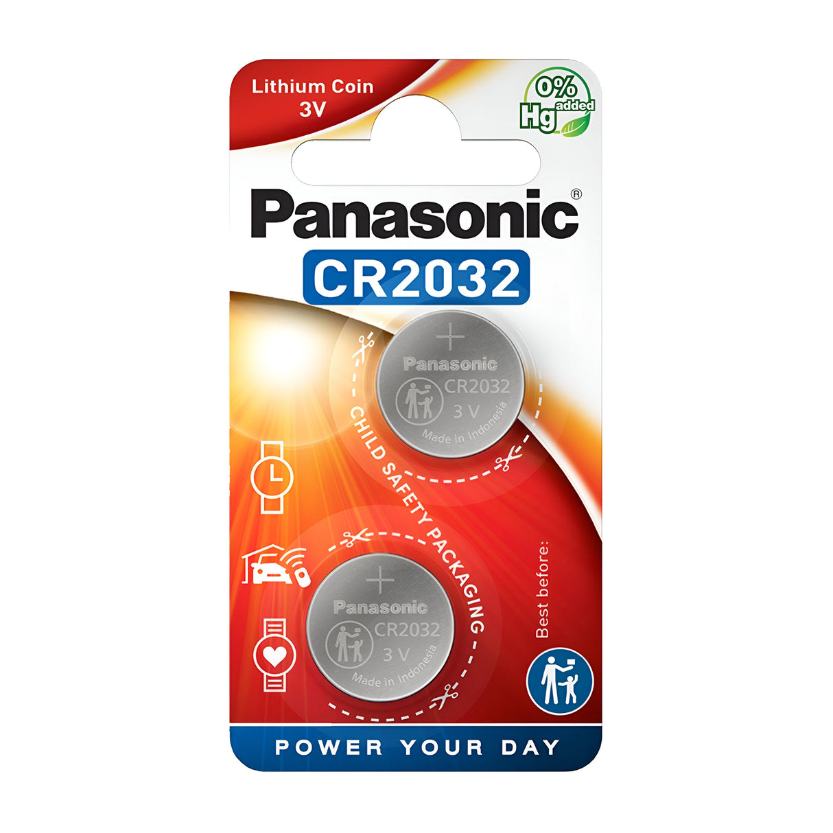 The Panasonic CR2032 Lithium Coin Cell Batteries (2 Pack) are packaged with child safety features and boast long-lasting power. The packaging highlights two batteries, includes safety symbols, and prominently displays the "0% Hg added" statement along with the "Power Your Day" slogan.