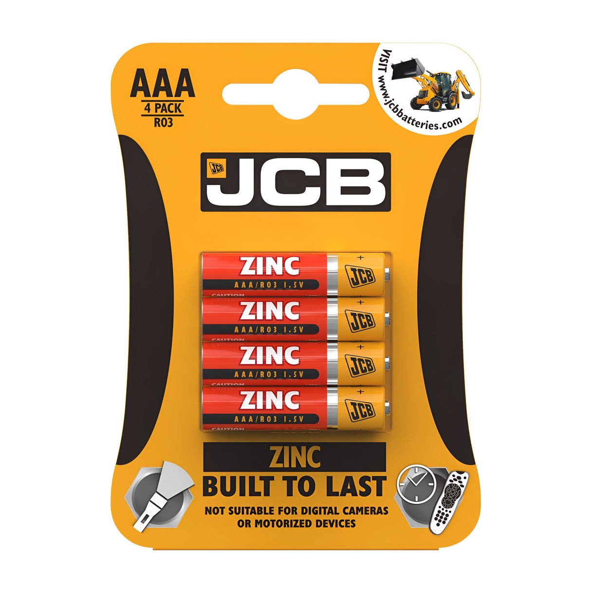 A blister pack containing four JCB AAA R03 zinc batteries, ideal for budget-conscious buyers. The orange and black packaging features a "Built to Last" label and mentions that these batteries are suitable for low-drain devices, though not recommended for digital cameras or motorized gadgets.