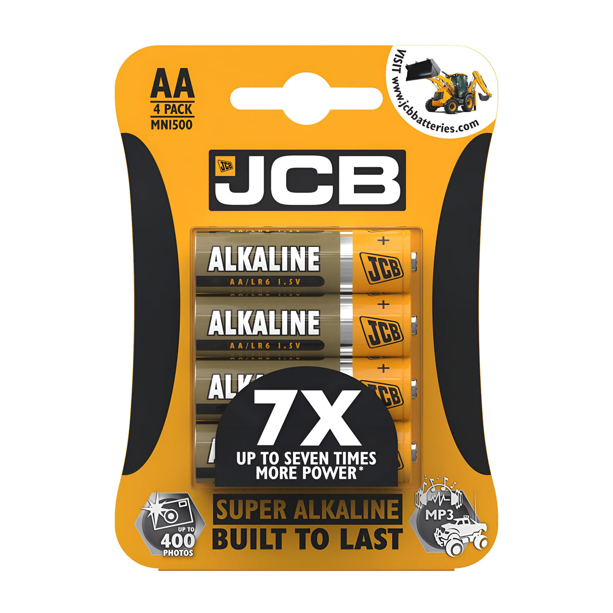 The JCB AA LR6 Super Alkaline Batteries (4 Pack) are ideal for high and medium-drain devices, featuring predominantly orange and black packaging that highlights 7X more power along with icons indicating compatibility with cameras and MP3 players.