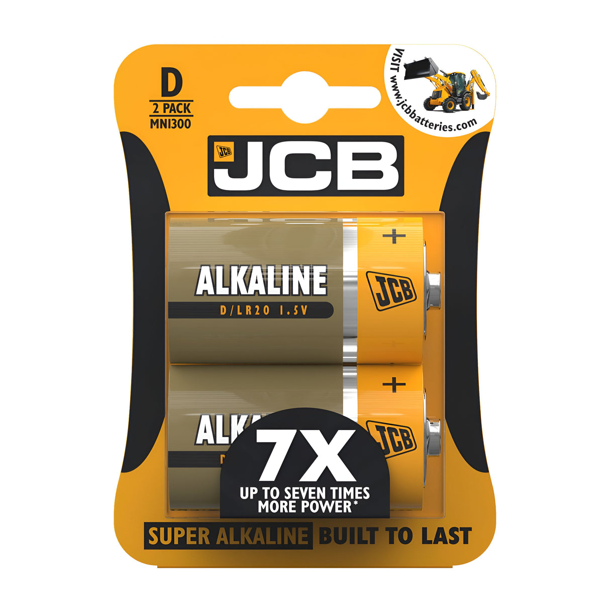 Image of a JCB D LR20 Super Alkaline Batteries (2 Pack). The packaging emphasizes 7x more power and long-lasting performance, built to withstand low-temperature environments. The design features black, orange, and yellow colors with a prominent JCB logo.