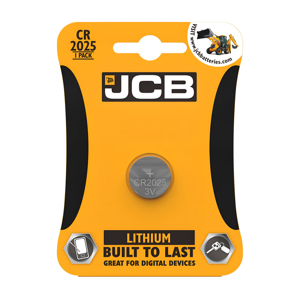 The image features a package of the JCB CR2025 Lithium Coin Cell Battery (1 Pack), prominently labeled with "3V." The orange and black packaging emphasizes its "Built to Last" durability, making it ideal for compact electronics and precision devices. The JCB logo stands out at the top.