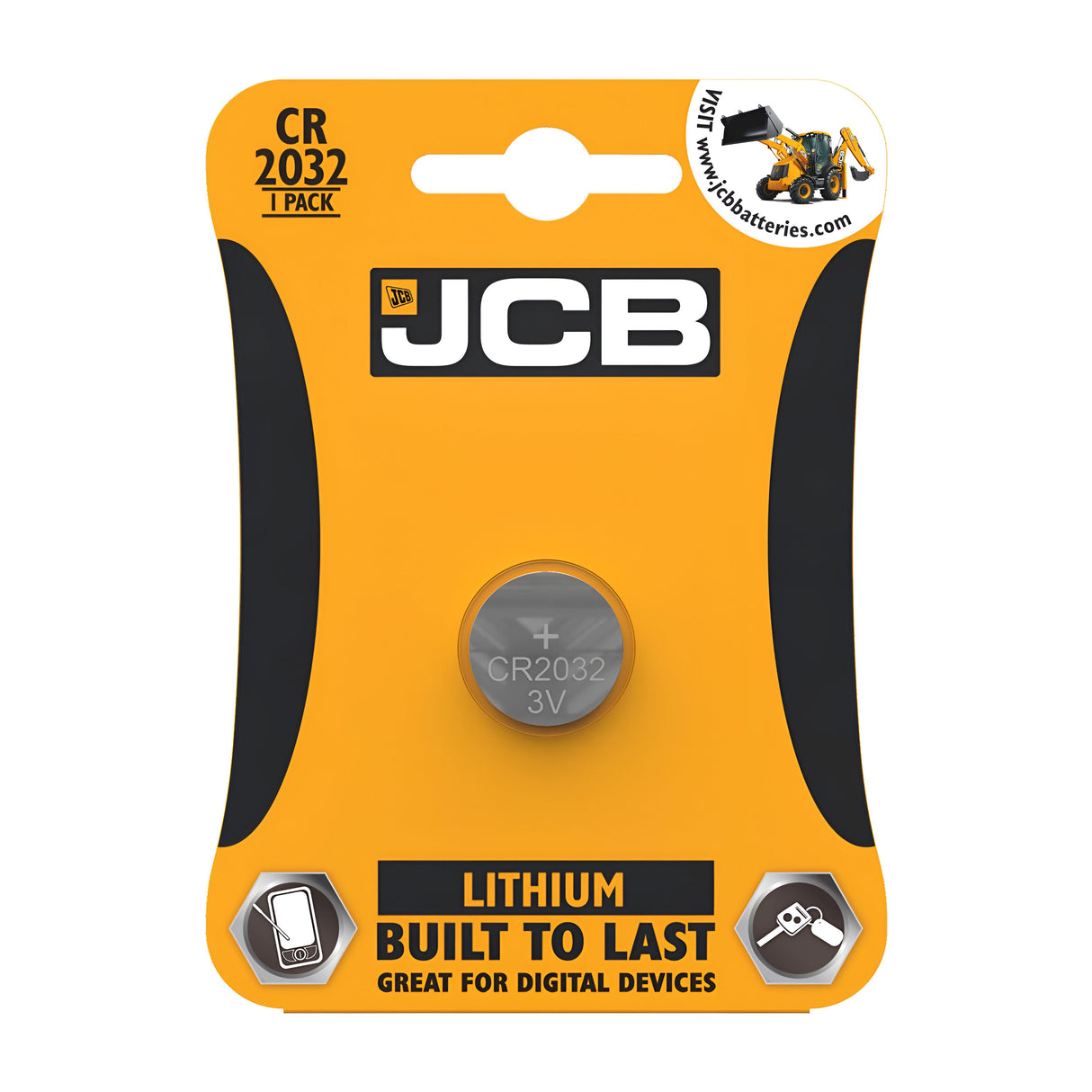 The packaging for the JCB CR2032 Lithium Coin Cell Battery (1 Pack) showcases a yellow and black design. The text emphasizes its dependable performance for compact devices. The battery is prominently displayed at the center, with the JCB logo prominently featured at the top.