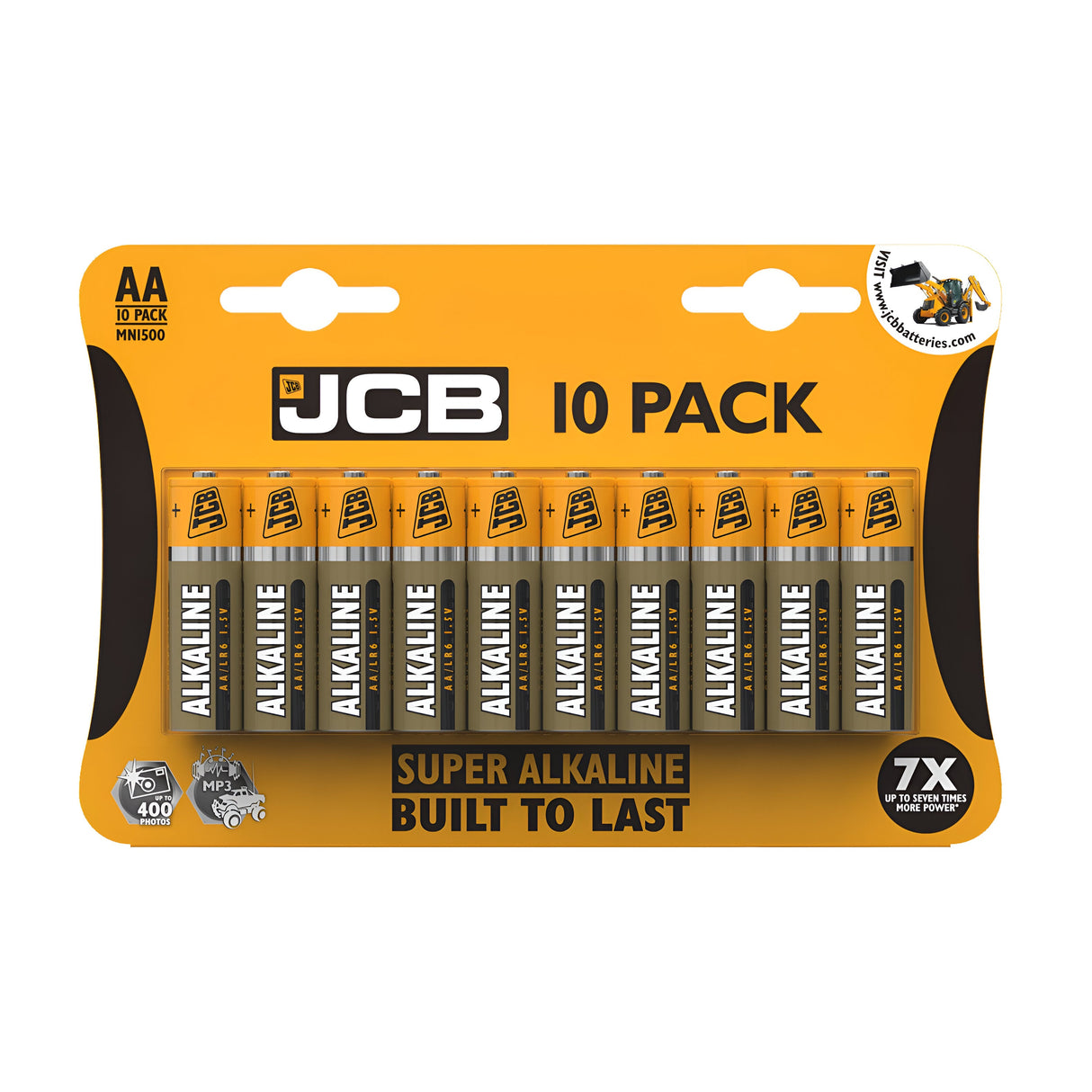 A 10-pack of JCB AA LR6 Super Alkaline Batteries features eye-catching orange and black packaging, with each battery prominently labeled as ALKALINE. The pack emphasizes its SUPER ALKALINE quality and asserts that these JCB batteries are BUILT TO LAST, delivering up to seven times more power for your devices.