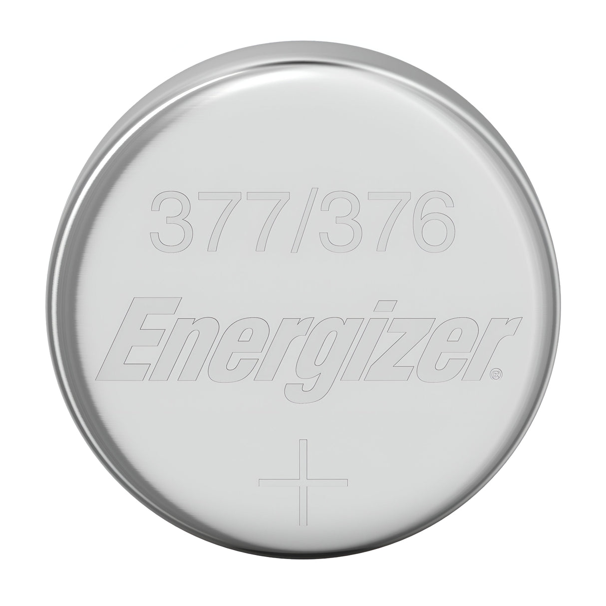 This lithium button cell battery from the Energizer 377/376 series, part of a convenient 10 pack, boasts a smooth, reflective silver appearance with an engraved positive symbol at the bottom. Its efficient and sleek design makes it ideal for compact devices.
