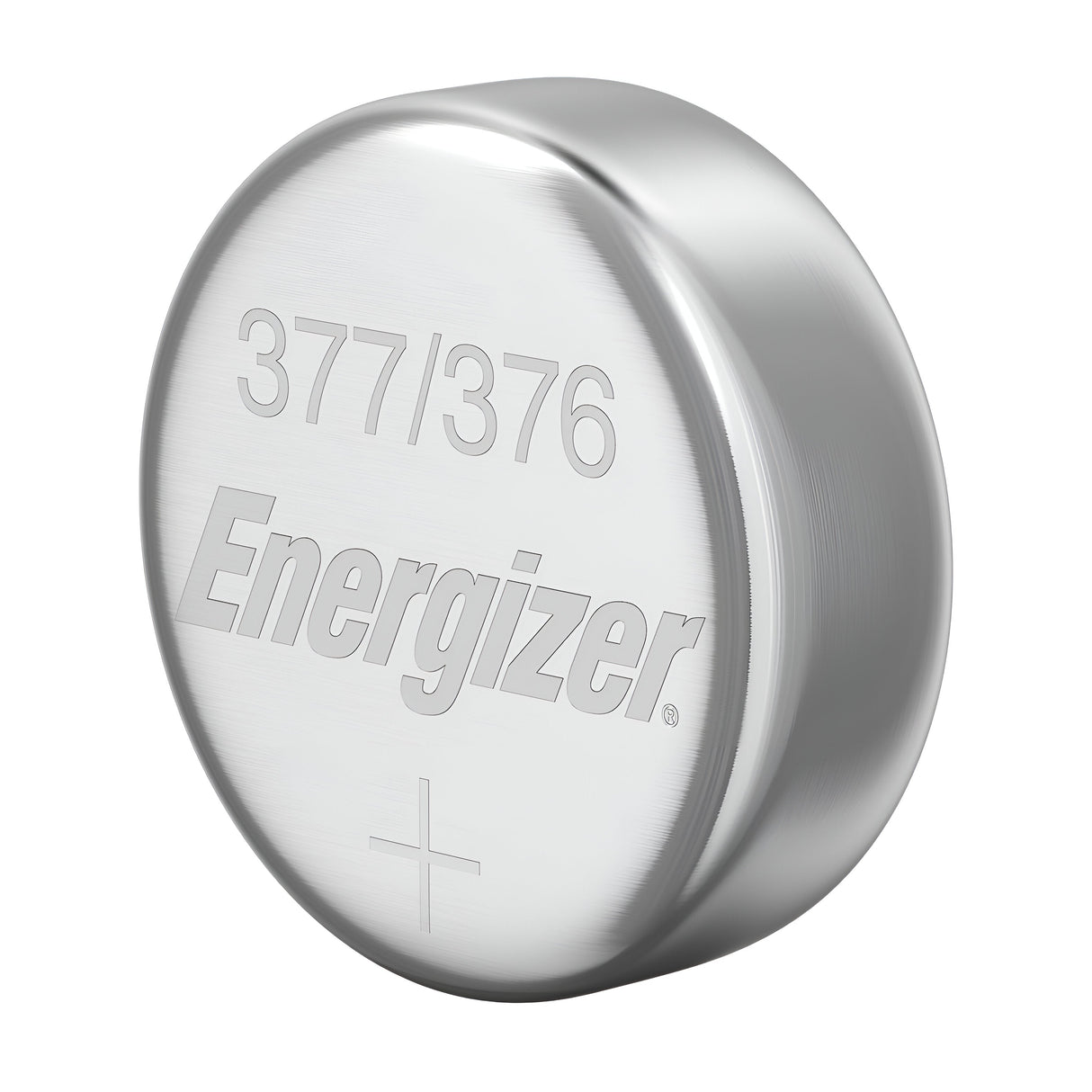 A close-up image of an Energizer 377/376 Lithium Button Cell battery reveals engraved text and a plus symbol. The shiny metallic surface reflects light, highlighting its cylindrical shape, ideal for compact devices.