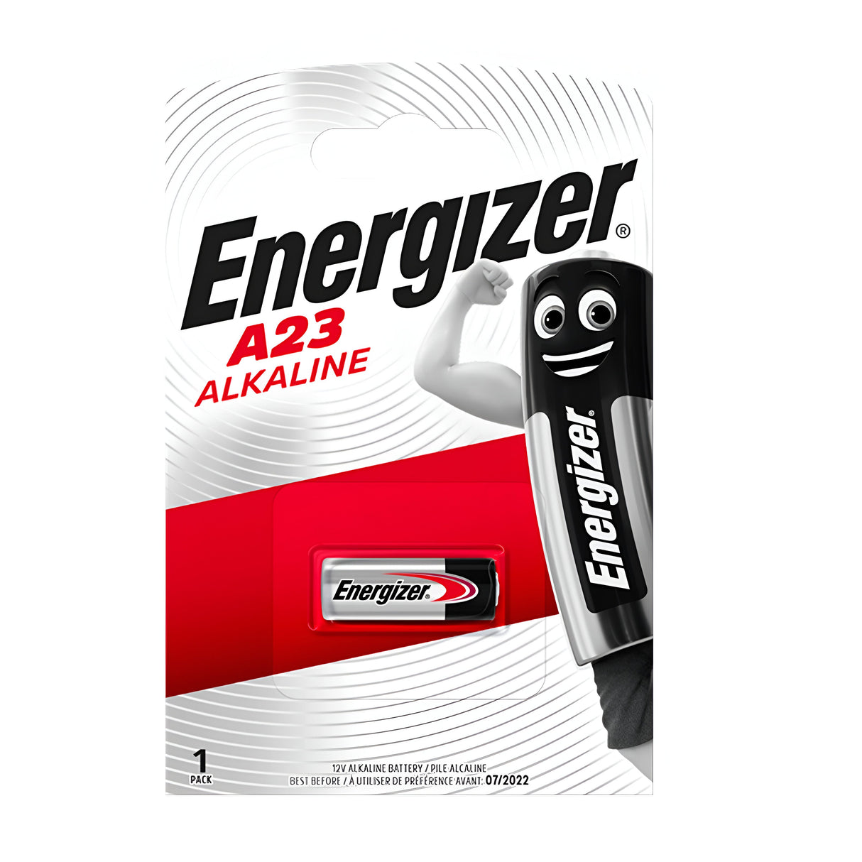 The packaging of the Energizer A23 LRV08 Alkaline Battery (1 Pack) features a cheerful battery mascot with prominent text emphasizing the Energizer brand and battery type. The A23 battery is easily noticeable through a transparent section, ensuring quick identification.