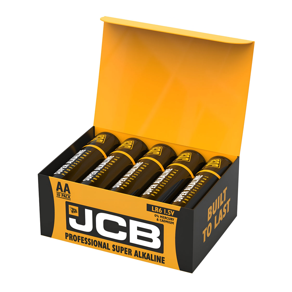 Unsealed package of JCB Industrial AA LR6 Alkaline Batteries (1 Pack), revealing ten black and yellow batteries. The packaging prominently features "Built to Last" on the side and "LR6 1.5V" on the lid, emphasizing their mercury and cadmium-free composition for enhanced longevity.