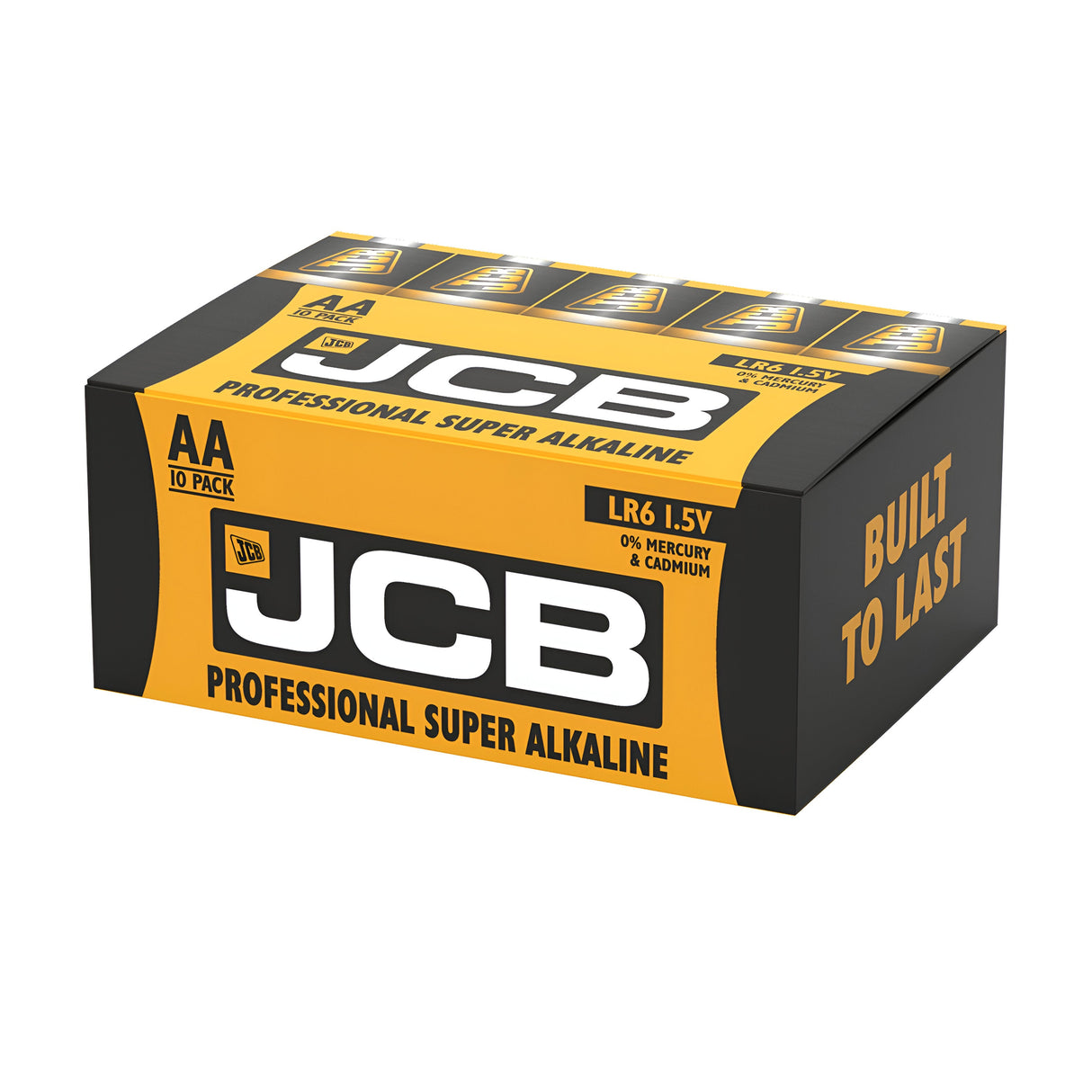 A pack of JCB Industrial AA LR6 Alkaline Batteries is on display. The packaging, mainly in black and yellow, prominently showcases the JCB logo. It is marked as a single pack with LR6, 1.5V specifications and guarantees long-lasting performance with its Built to Last motto printed on the side.