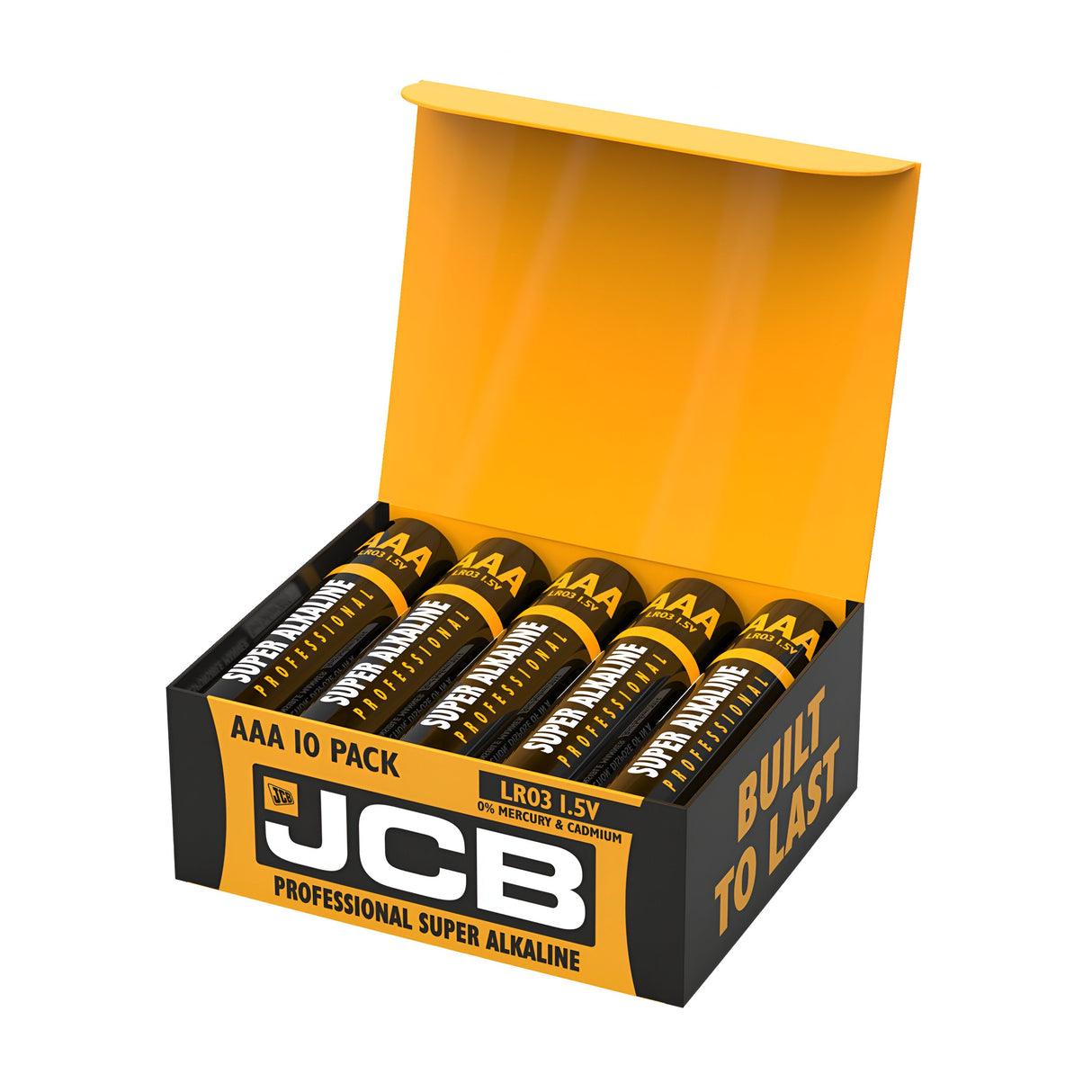 An open box of JCB Industrial AAA LR03 Alkaline Batteries reveals ten batteries inside. The black and yellow packaging prominently features the text "JCB Professional Super Alkaline Technology" and "Built to Last" in bold lettering.