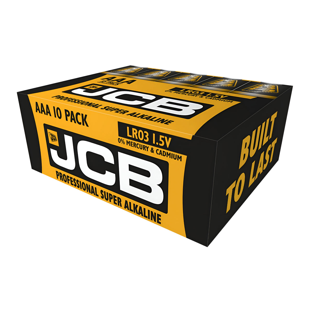 A 10-pack of JCB Industrial AAA LR03 Alkaline Batteries, featuring black and yellow packaging with "Built to Last" on the side. The pack highlights zero mercury and cadmium content, utilizing Professional Super Alkaline Technology with a power capacity of 1.5V.