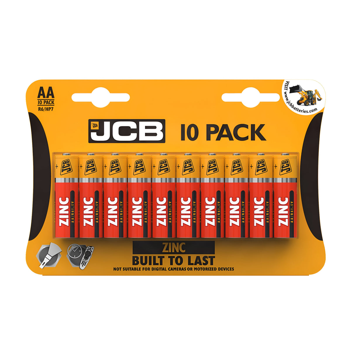 The JCB AA R6 Zinc Batteries (10 Pack) in orange and black packaging provide an economical energy solution. The label reads "Built to Last" and indicates they are perfect for low-drain devices but not recommended for digital cameras or motorized devices.