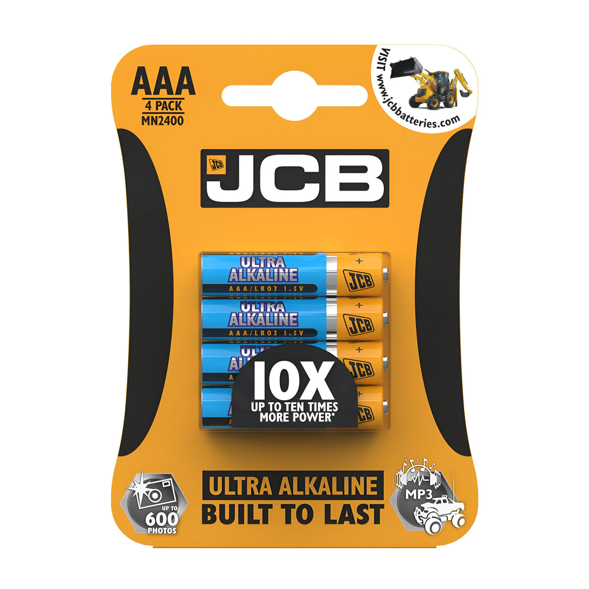 The packaging of JCB AAA LR03 Ultra Alkaline Batteries (4 Pack) features a striking yellow and black design with prominent JCB branding. Perfect for energy-demanding electronics, these batteries deliver 10 times more power, with icons emphasizing their long-lasting performance in MP3 players and high-performance devices such as cameras.