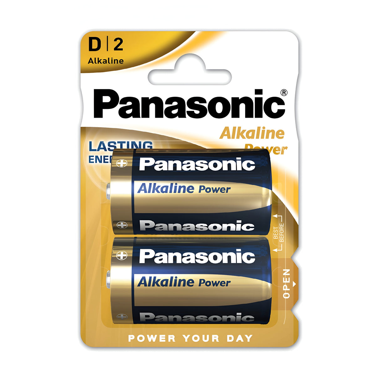 A 2-pack of Panasonic D Size Alkaline Power Batteries in their packaging, ideal for high-drain devices. The package features the phrases "Alkaline Power" and "Power Your Day" in an elegant black and gold color scheme.