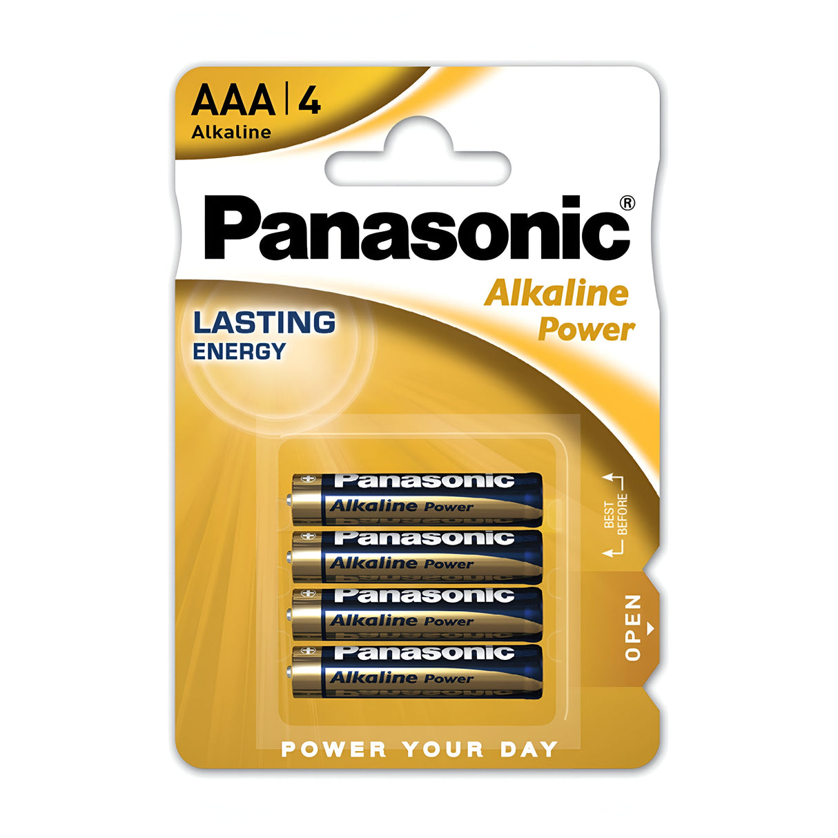 Four-pack of Panasonic AAA LR03 Alkaline Power Batteries, ideal for household appliances. The packaging is yellow and white with blue text, featuring the slogans "Alkaline Power with Lasting Energy" and "Power Your Day.
