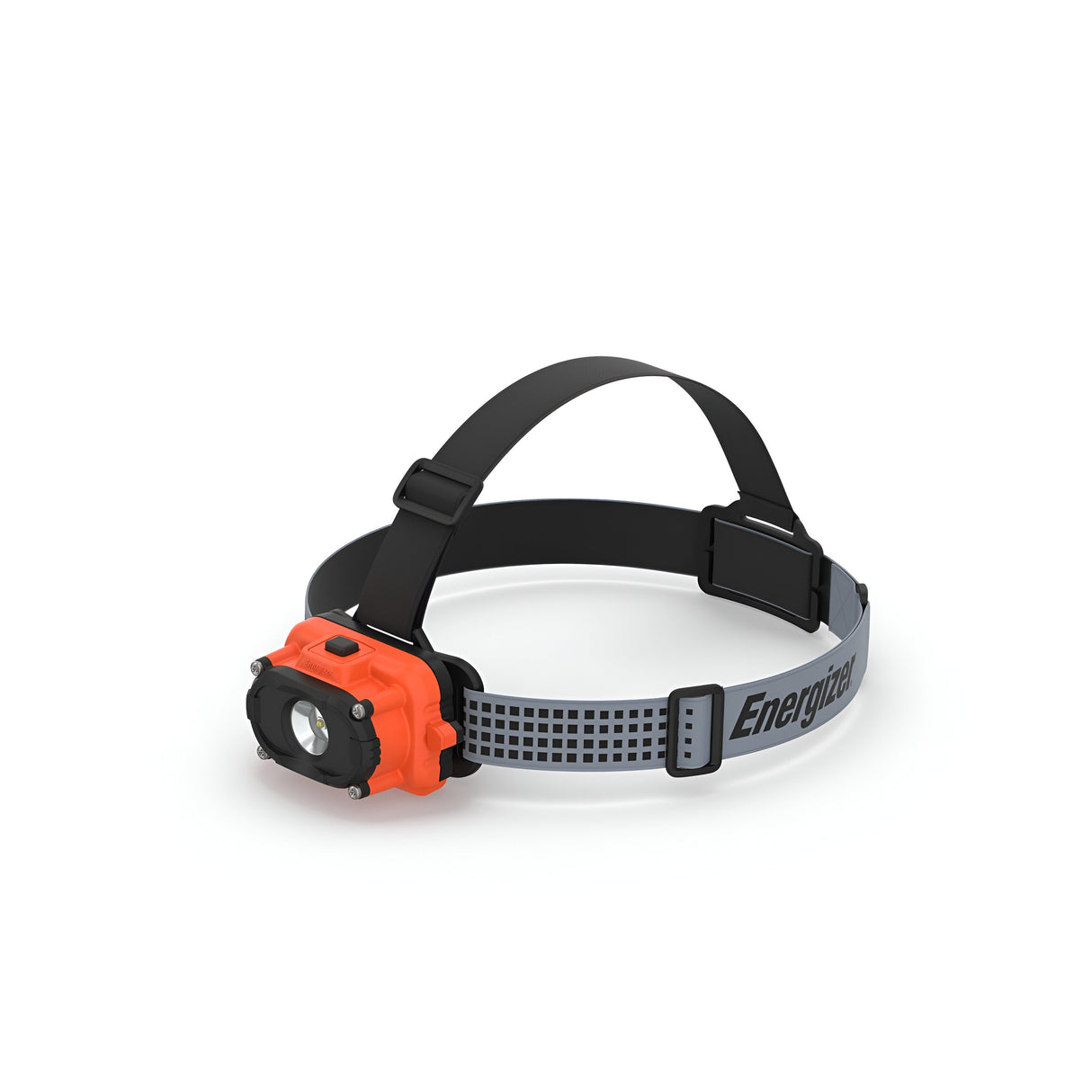 The Energizer Atex LED Head Torch 130 Lumen, featuring a black and orange design with an adjustable strap, is showcased against a white background. Specifically made for industrial trades, its central light provides intense brightness in challenging environments, while its waterproof capabilities ensure reliability in any task.