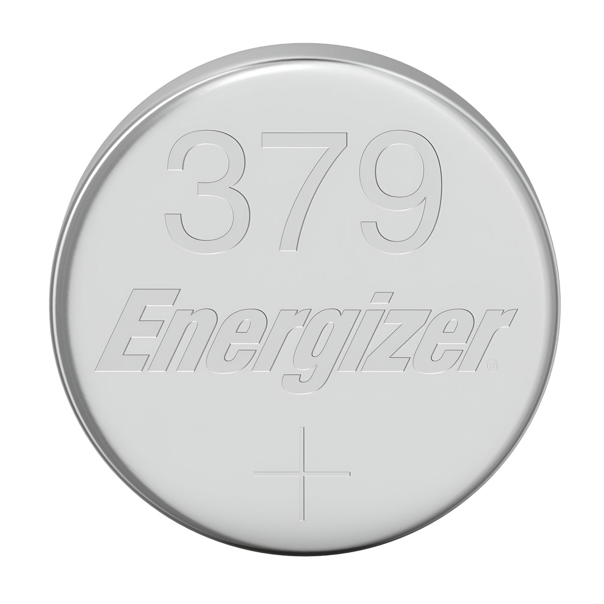 The Energizer 379 Silver Oxide Button Cell Battery has the number 379 engraved on the top, along with a small plus sign that clearly indicates its polarity.