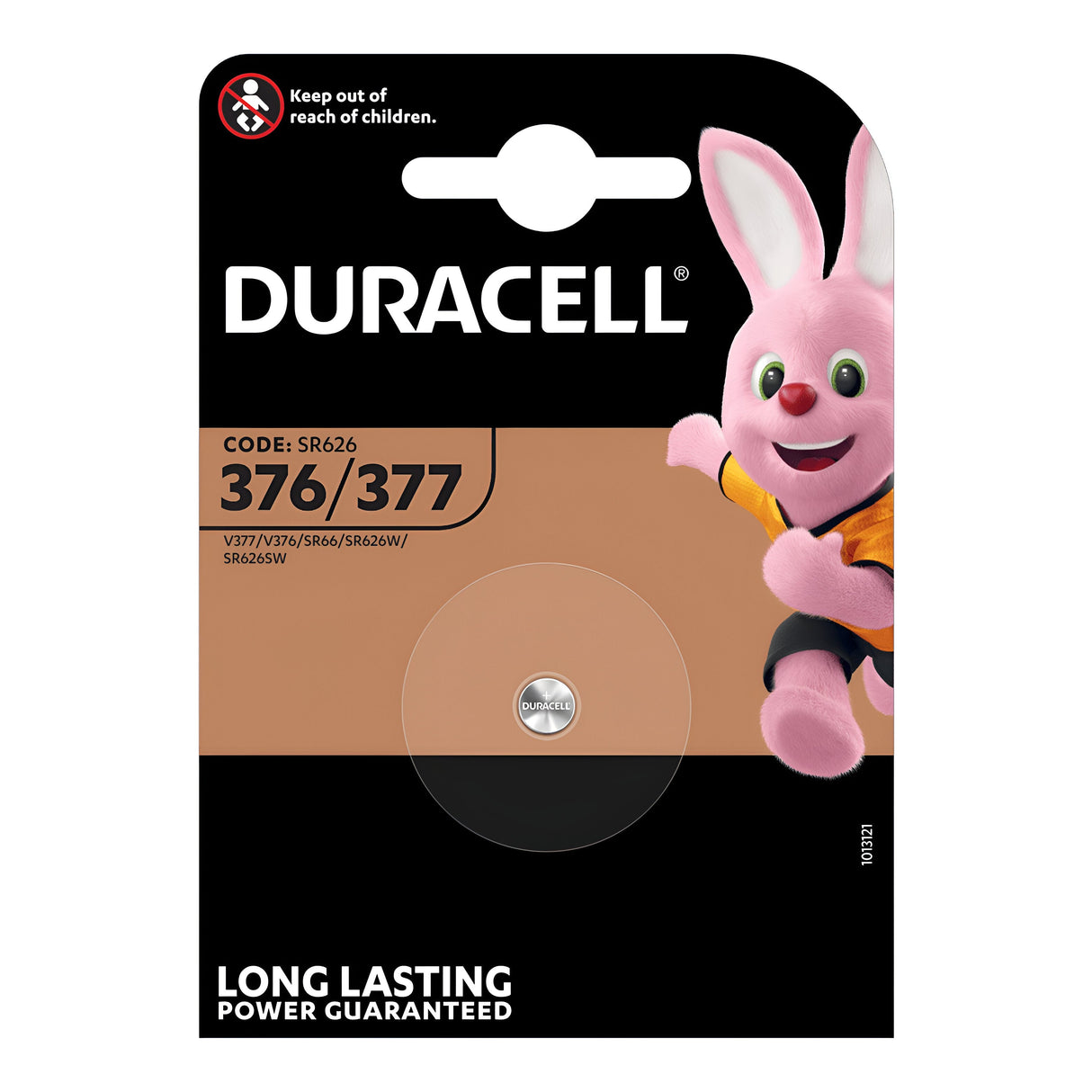 The packaging of the Duracell D376/377 Silver Oxide Button Cell Battery (1 Pack) features a pink bunny mascot on the right. The black and brown design prominently displays "Long Lasting Power Guaranteed" at the bottom, making it perfect for small electronic devices.