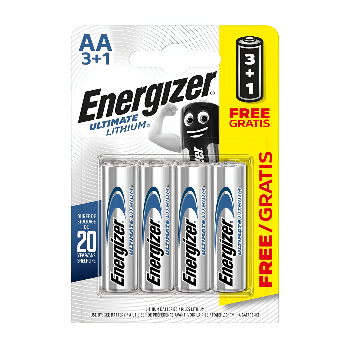 Get the Energizer Ultimate AA L91 Lithium Batteries (3+1 Pack), adorned with a fun cartoon battery character. Take advantage of the 3 + 1 Free deal and enjoy unrivaled, long-lasting power with up to a 20-year shelf life, as emphasized on the packaging.