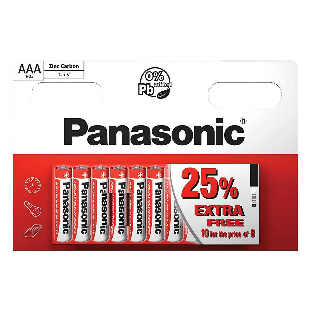 Introducing the budget-friendly Panasonic AAA LR03 Zinc Batteries (10 Pack) with a special 25% extra free offer, providing 10 batteries for the price of 8. Perfect for low-drain devices, the packaging emphasizes eco-friendly features, such as 0% added Pb, and includes images of suitable devices like clocks, game controllers, and remote controls.