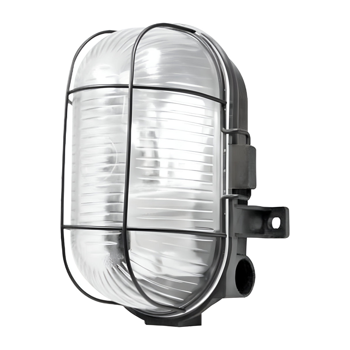 The PowerMaster Outdoor Oval Bulkhead in black is a wall-mounted light fixture featuring prismatic glass and a protective metal cage. It has a rectangular shape with rounded edges and an easy-mount side bracket.