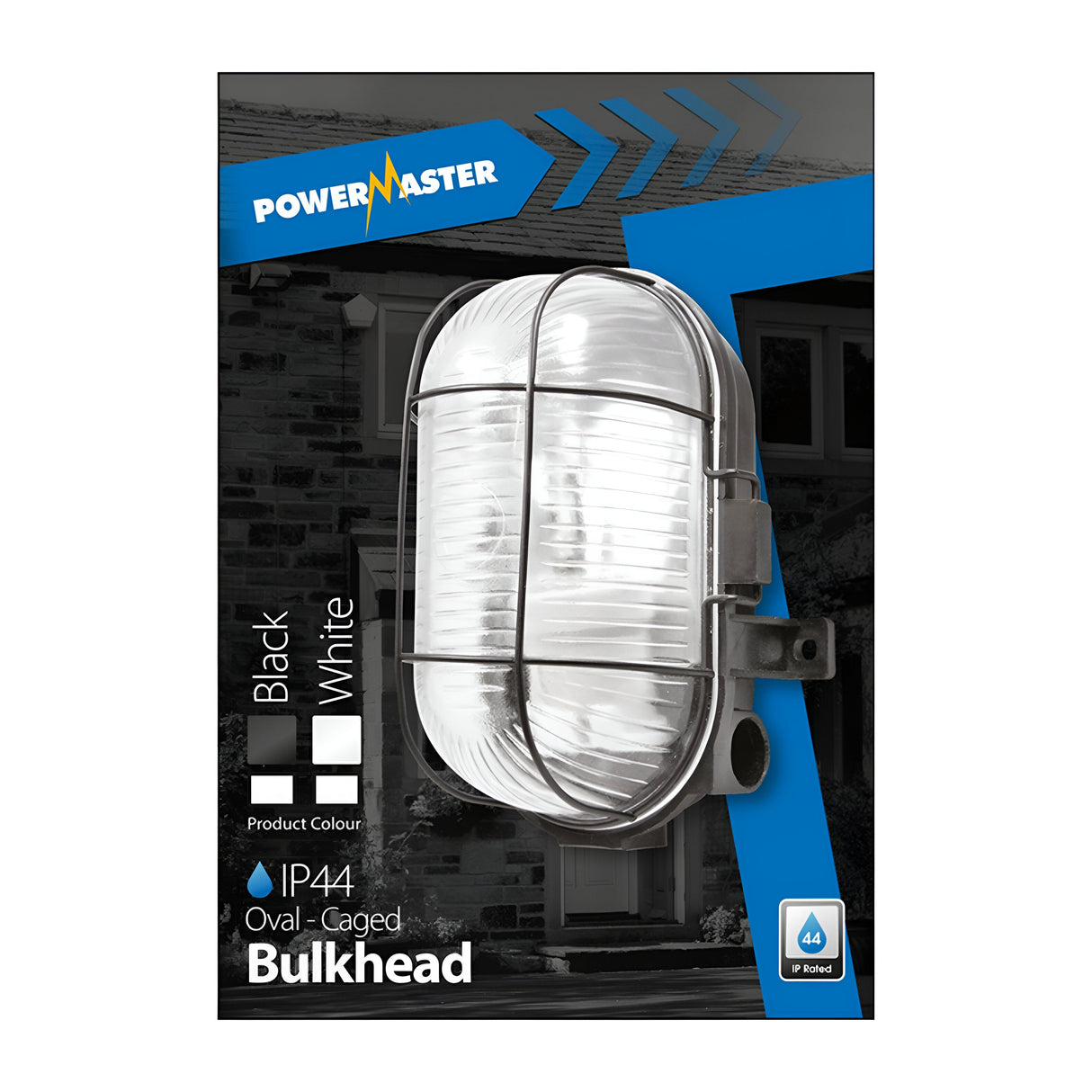 Packaging for a PowerMaster Outdoor Oval Bulkhead - Black light. It features a sturdy metal cage, suitable for outdoor use with an IP44 rating, and has prismatic glass lens details against a house exterior for context.