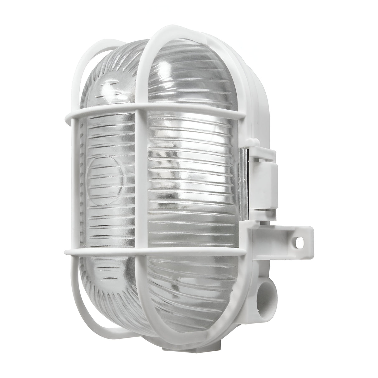 The PowerMaster Outdoor Oval Bulkhead - White features a ribbed cover and metal grid, ideal for outdoor lighting. It offers wall or ceiling mounting with side brackets, includes a base conduit opening, and has an IP44 rating for durability.