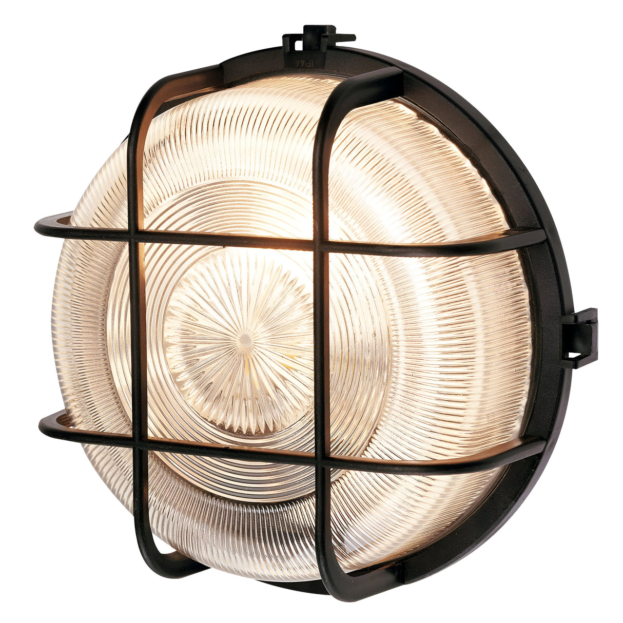 The PowerMaster Outdoor Round Bulkhead - Black is an industrial-style outdoor wall light with a ribbed glass cover and black metal grid. Its durable polypropylene construction ensures longevity, while a textured glass offers a warm glow. With an IP44 rating, it suits functional and aesthetic outdoor use.