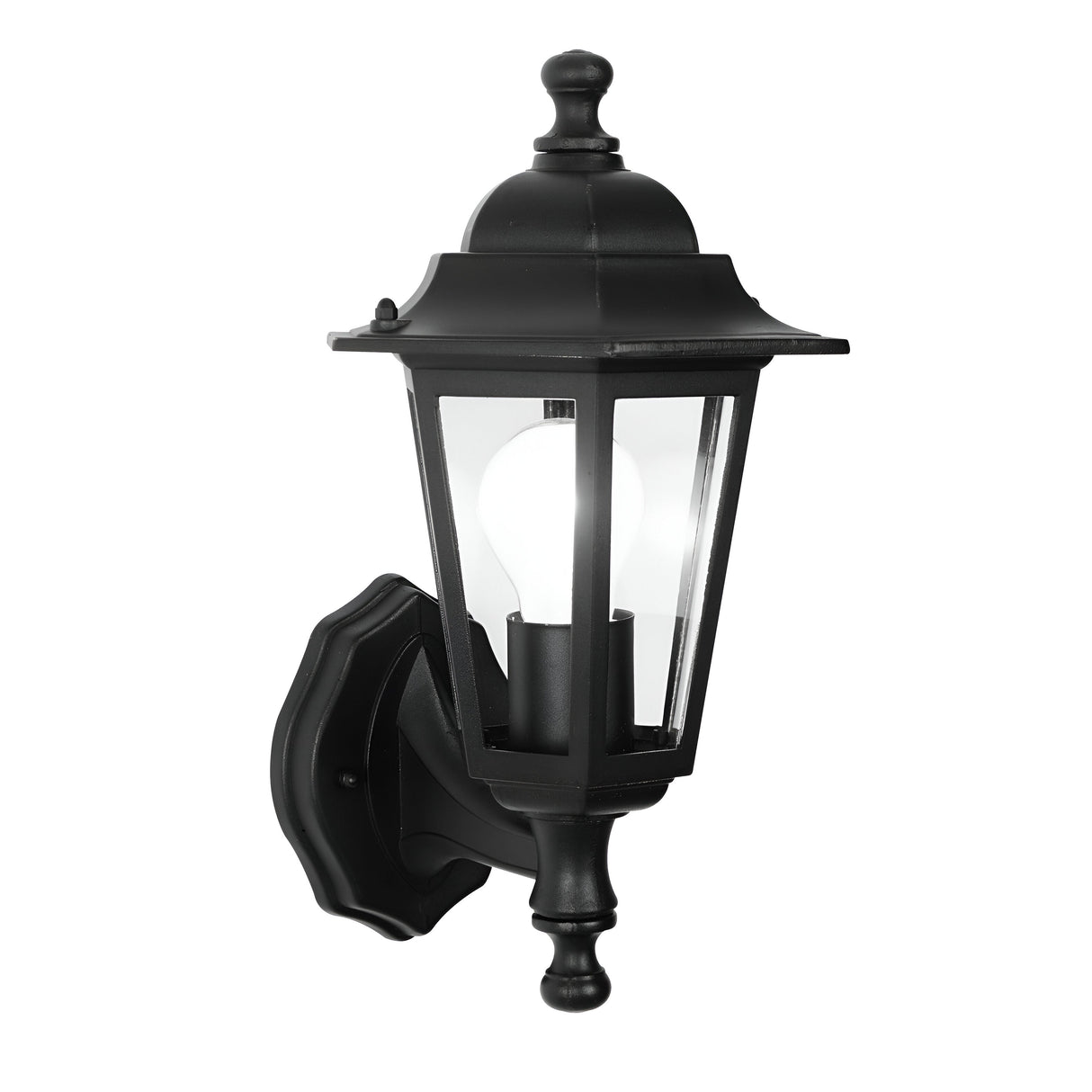 The PowerMaster Outdoor 6-Sided Wall Lantern - Black features a classic style, weather-resistant finish, and clear glass panels. This elegant fixture is mounted on a decorative base to illuminate your outdoor space with its glowing bulb.