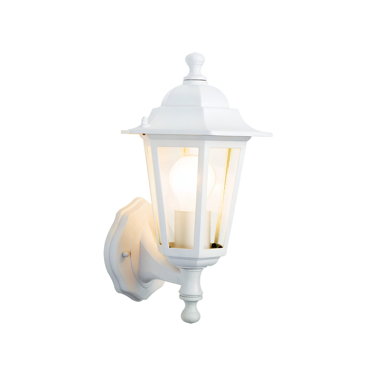 The PowerMaster Outdoor 6-Sided Wall Lantern in white showcases a traditional design with clear glass, highlighting the bulb and mounted on a decorative, weather-resistant bracket.