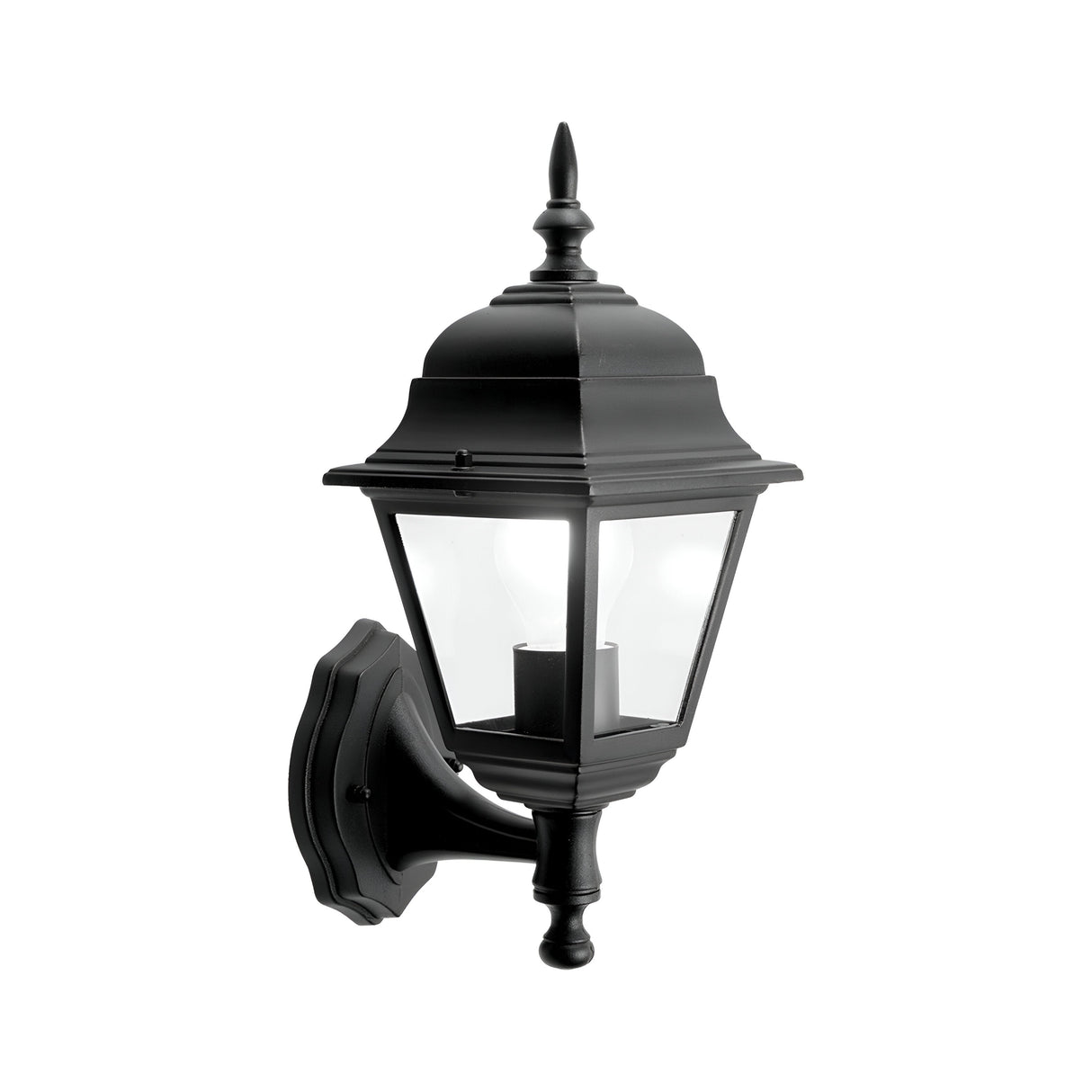 The PowerMaster Outdoor 4-Sided Wall Lantern in black has a vintage style with a durable aluminum frame, glass enclosure, and decorative finial. Resembling a classic street lamp, it boasts an IP44 rating and is mounted on an ornate bracket.