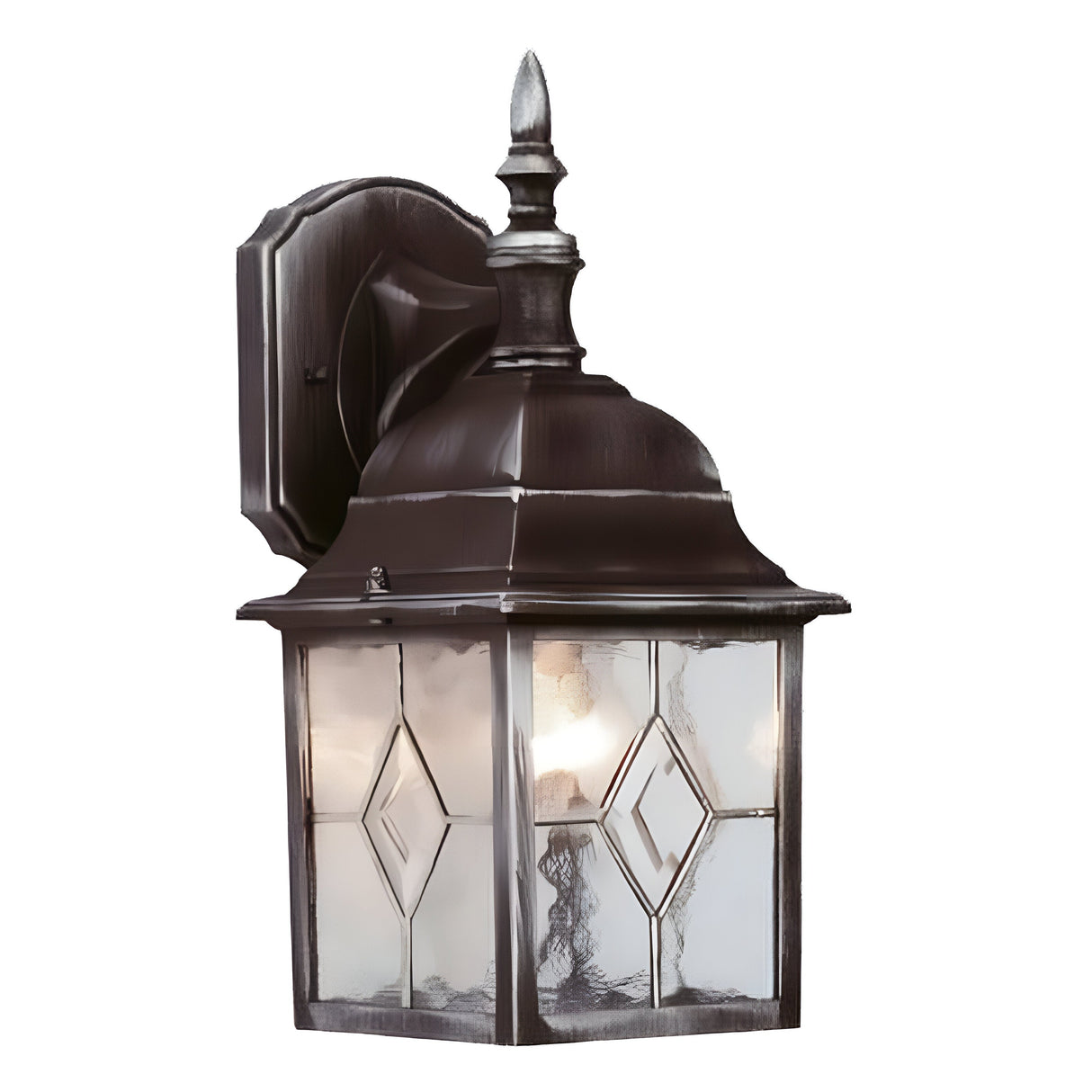 The PowerMaster Outdoor 4-Sided Wall Lantern in silver black offers a vintage design with a classic shape and clear diamond-patterned glass panels. It is weather-resistant, wall-mounted, and adds timeless charm to any exterior space.