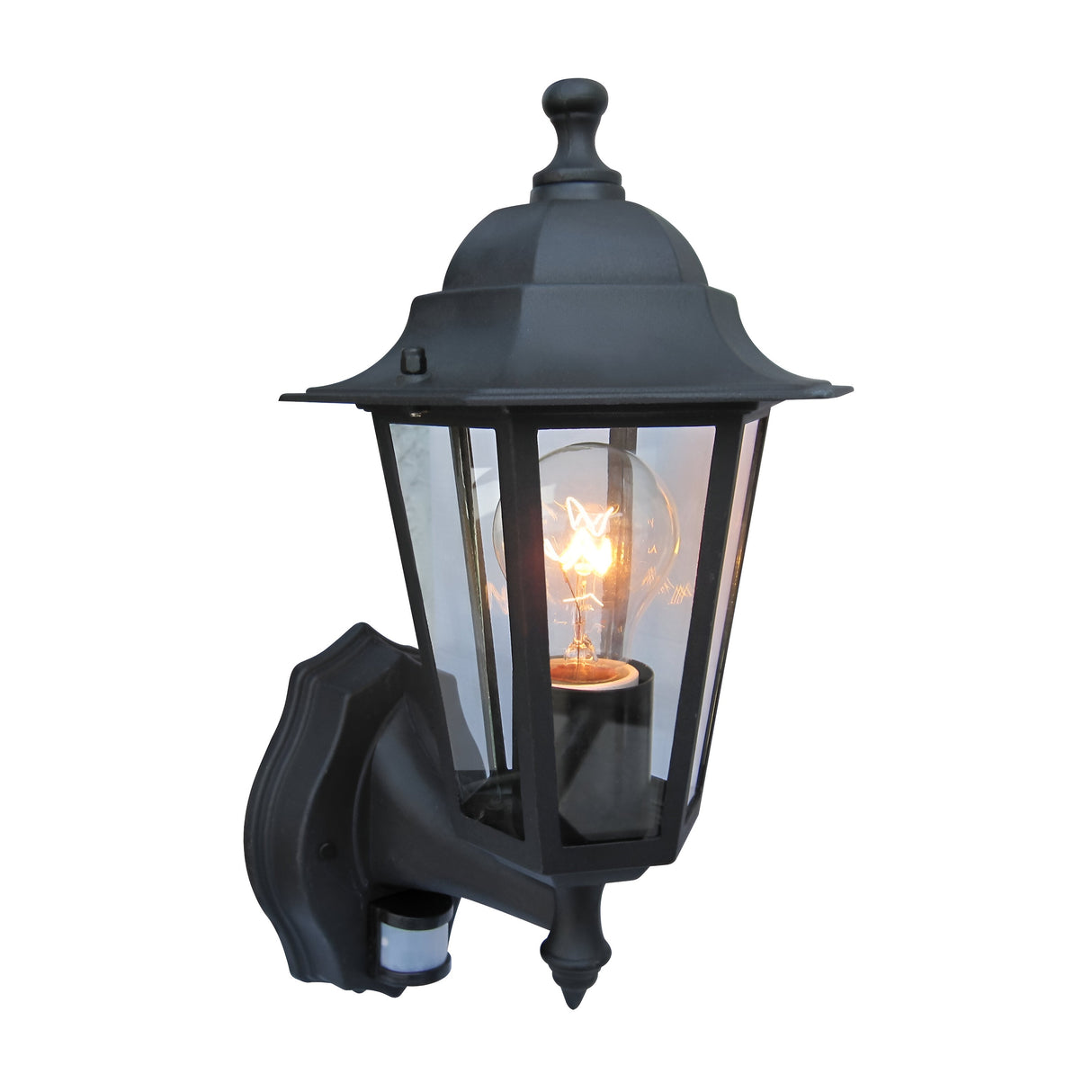 The PowerMaster Outdoor 6-Sided Wall Lantern in black has a vintage design with a clear glass enclosure, an ornate metal frame, and a PIR sensor for security. It houses a bulb inside to boost your homes exterior charm.