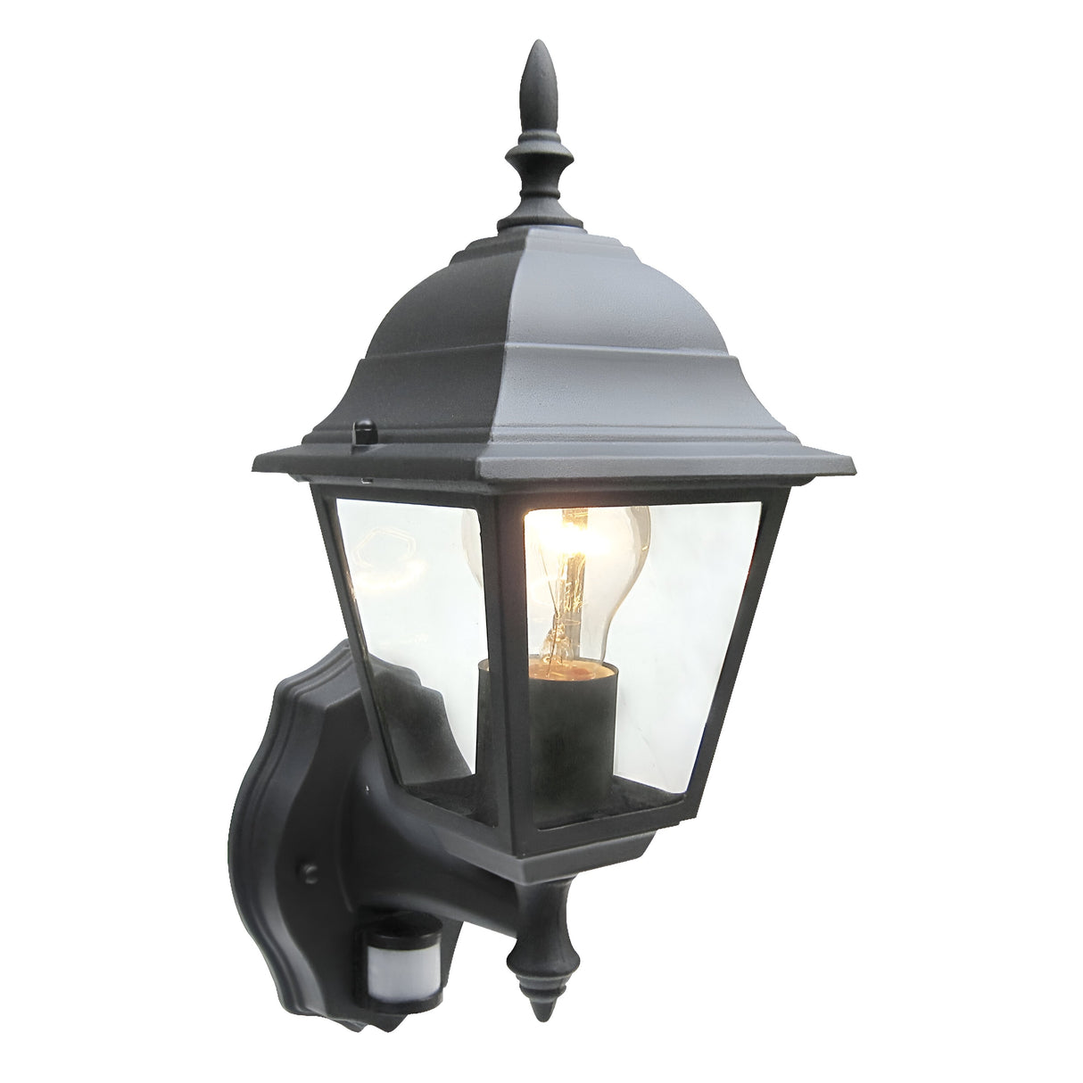 The PowerMaster Outdoor 4-Sided Wall With PIR Lantern in black is a durable aluminum wall-mounted lantern with a classic metal frame and clear glass panels. It has a pointed top and visible light bulb, offering traditional charm and optional PIR sensor compatibility for added security.