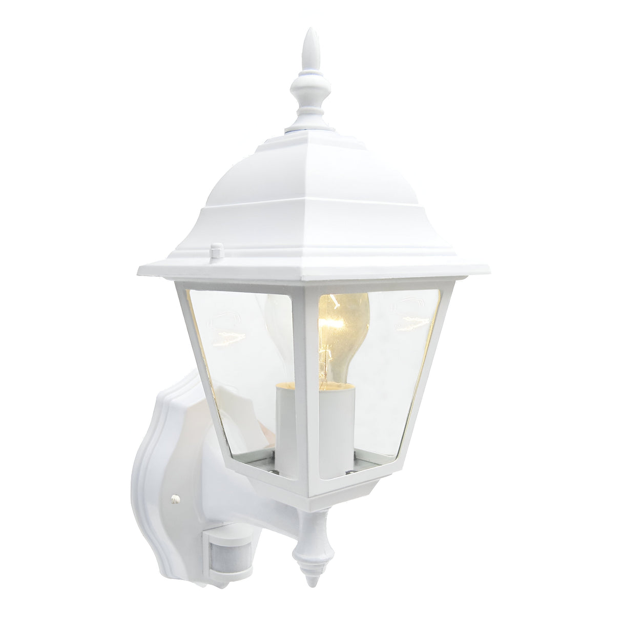 The PowerMaster Outdoor 4-Sided Wall With PIR Lantern - White is an ornate fixture with a clear glass enclosure and glowing bulb, mounted on a decorative bracket. It blends style and functionality, featuring a PIR sensor and weather-resistant IP43 rating.