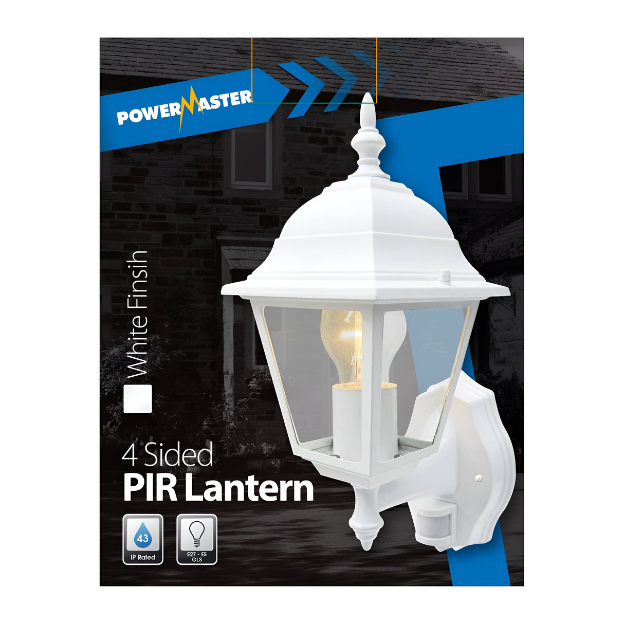 Box for the PowerMaster Outdoor 4-Sided Wall With PIR Lantern - White. This classic weather-resistant design has an IP43 rating and a PIR sensor for reliable outdoor use. The elegant clear bulb is noted on the bottom left of the box.