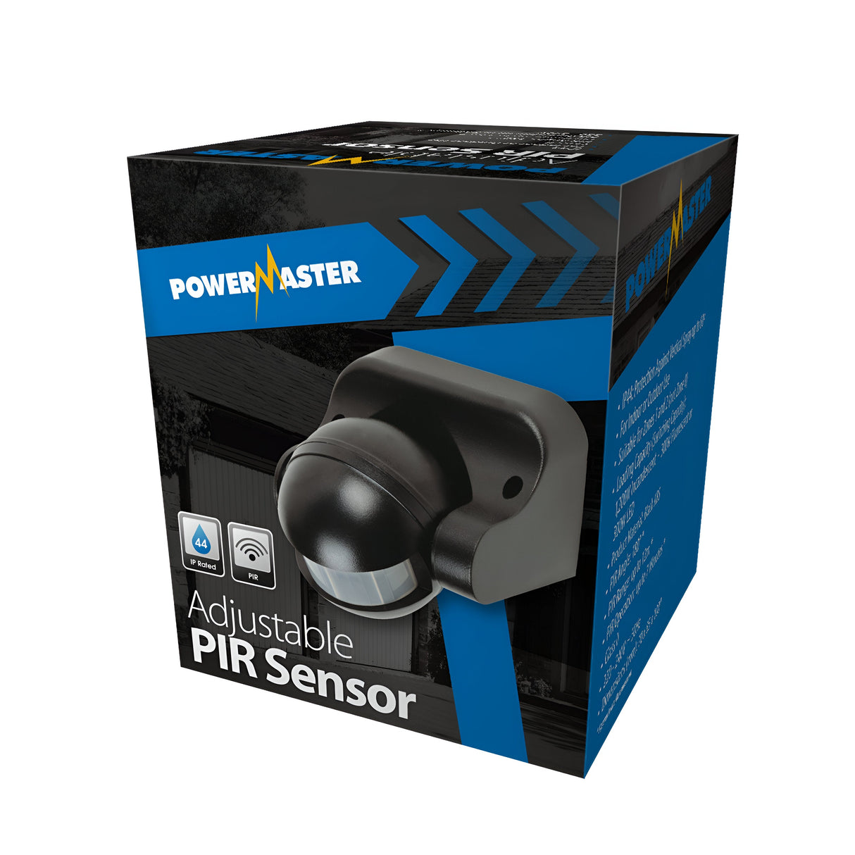 A blue and black box for the PowerMaster Adjustable PIR Sensor - Black, featuring an image of the sensor, text on outdoor security use, and side panels with icons and product details.