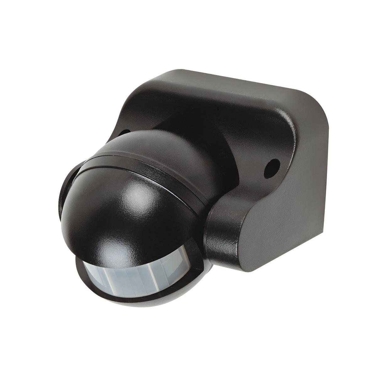 The PowerMaster Adjustable PIR Sensor 180° in black, ideal for outdoor security, is mounted on a wall bracket. It boasts a sleek, rounded design with a smooth surface and an optical detection window for precise motion detection capabilities.