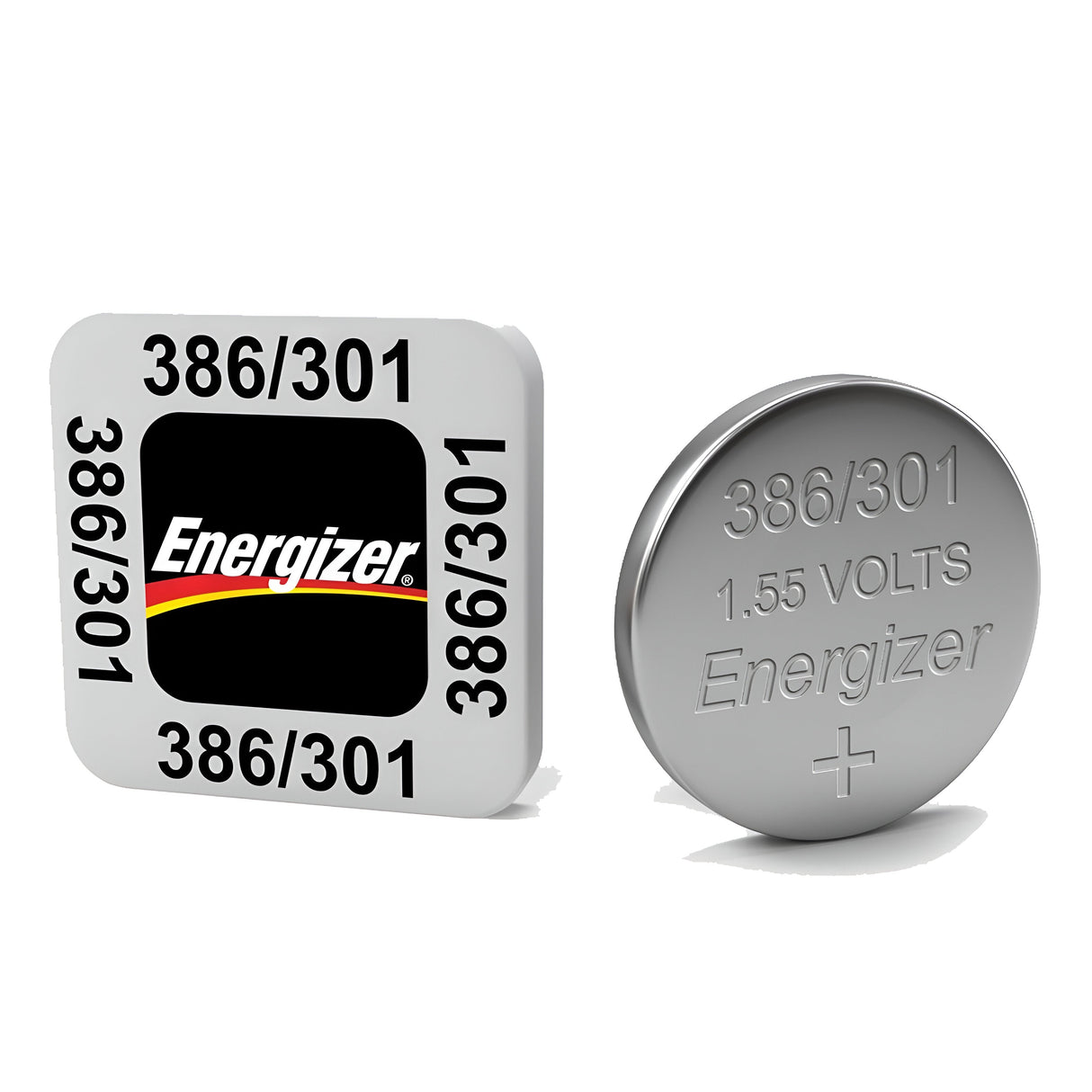 This Energizer 386/301 Silver Oxide Button Cell Battery is a precision device boasting 1.55 volts and a sleek metallic surface. The packaging, featuring the iconic Energizer logo, complements the sophisticated appearance of the battery itself.