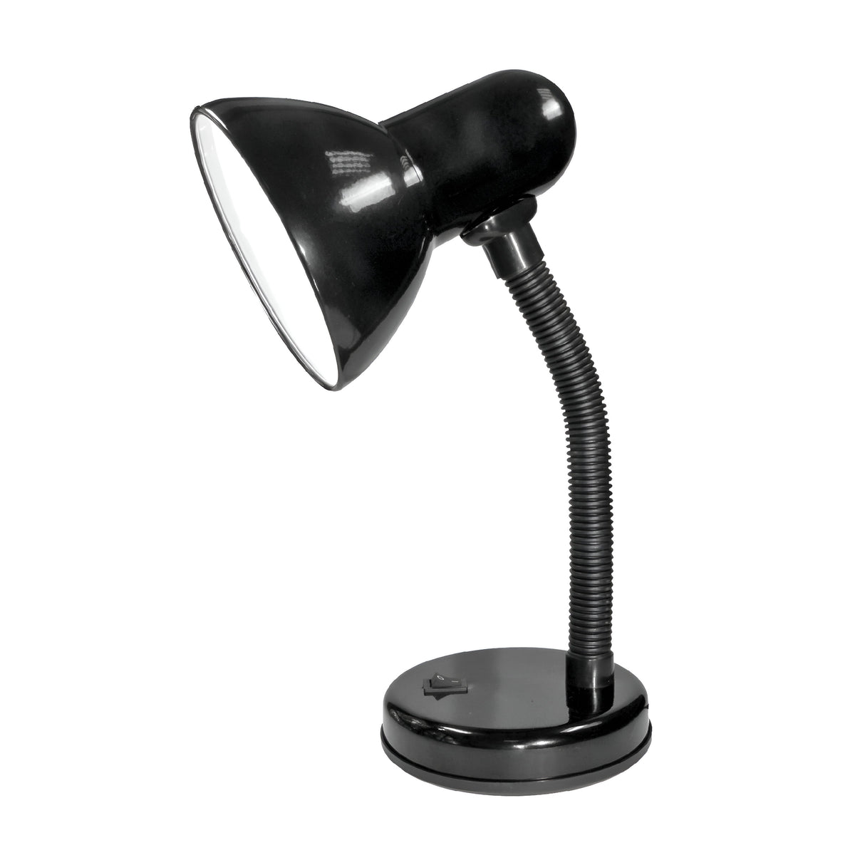 The PowerMaster Table Lamp - Black is a stylish desk lamp featuring an ES lampholder, a flexible neck, and a round base with a conveniently placed switch. Its durable iron and plastic head tilts slightly downward for optimal lighting.