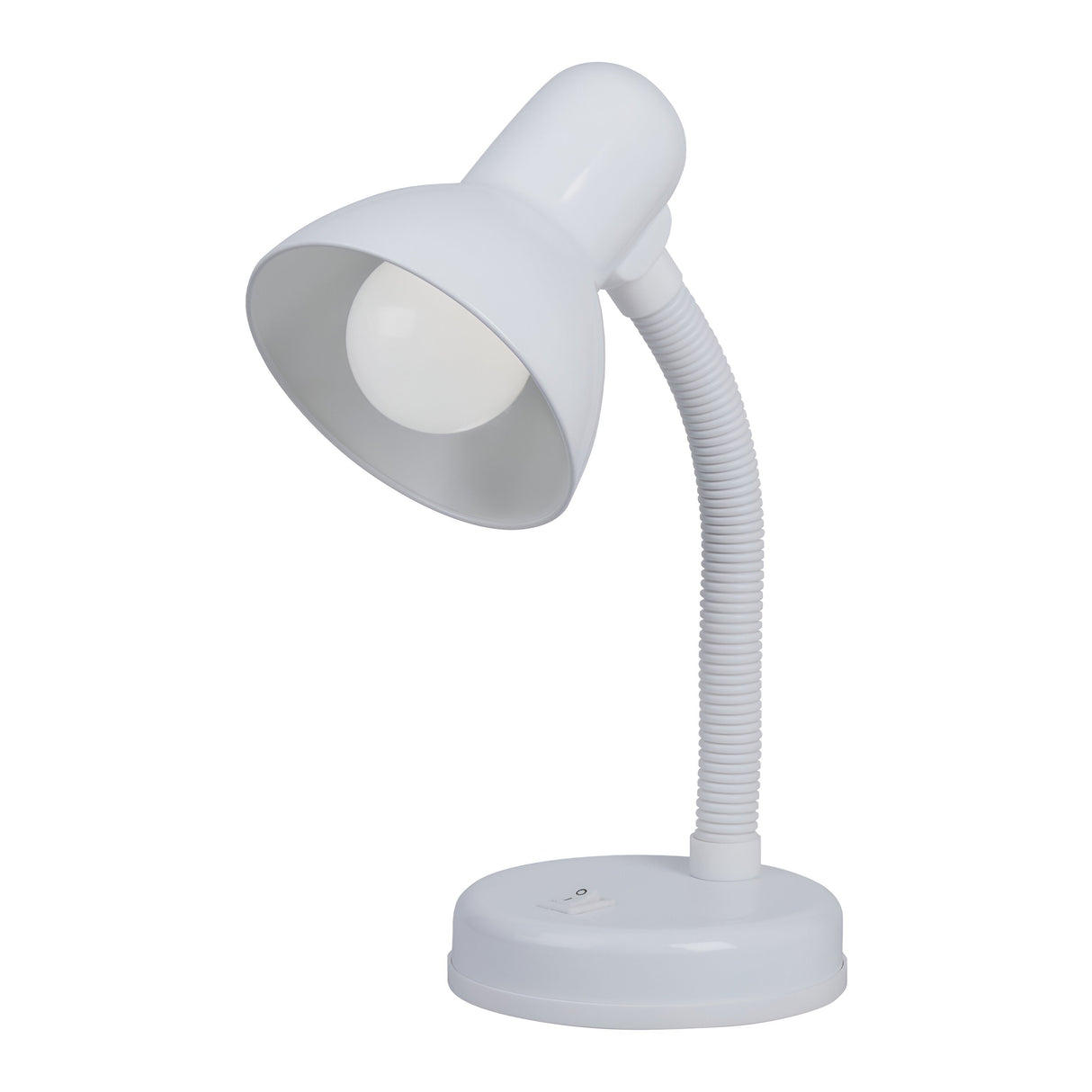 The PowerMaster Table Lamp - White features a flexible neck, round base, and IP20 lampholder. Crafted from iron and plastic, the bulb is nestled in its modern design, making it ideal for office or study environments.